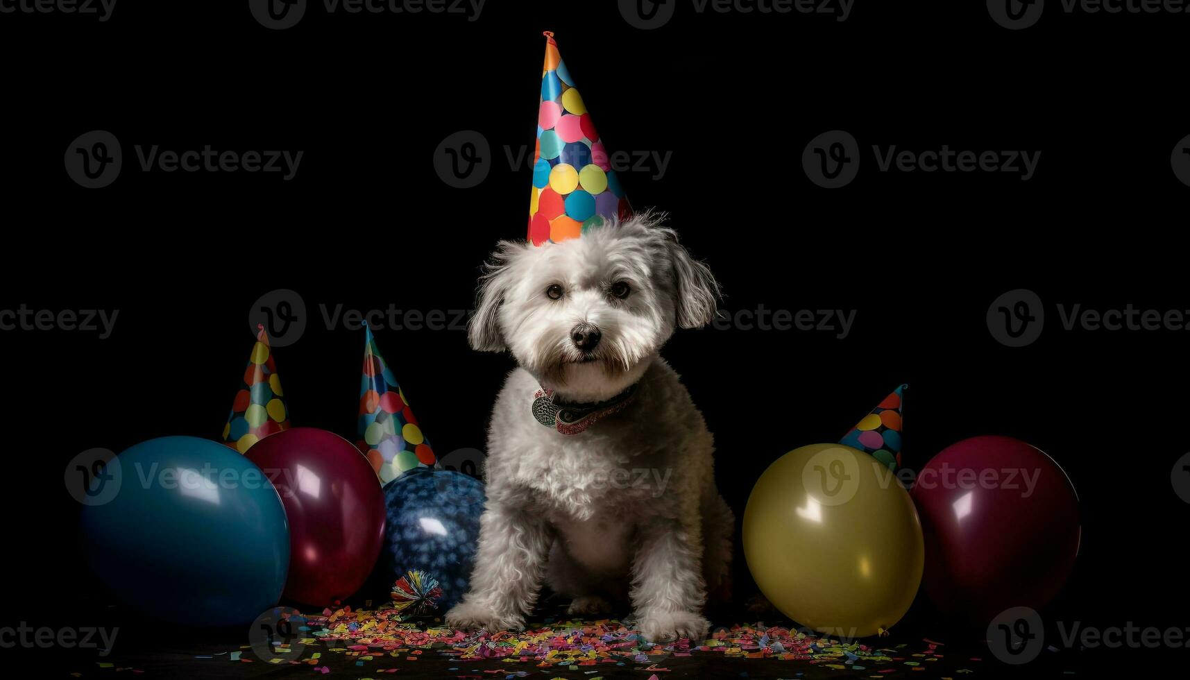 Cute puppy celebrates birthday with balloons, party hat, and gifts generated by AI photo