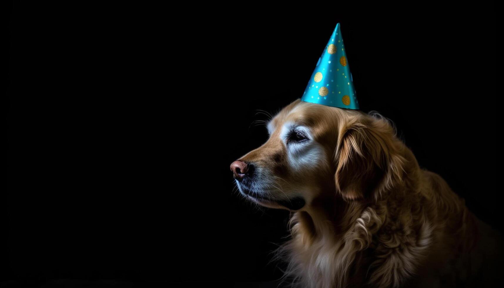 Cute puppy celebrates birthday with friends, wearing party hat generated by AI photo