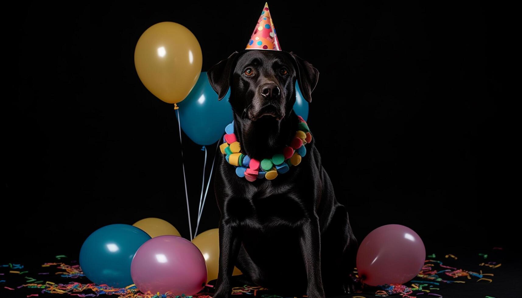 Cute puppy with balloon celebrates birthday at fun party generated by AI photo
