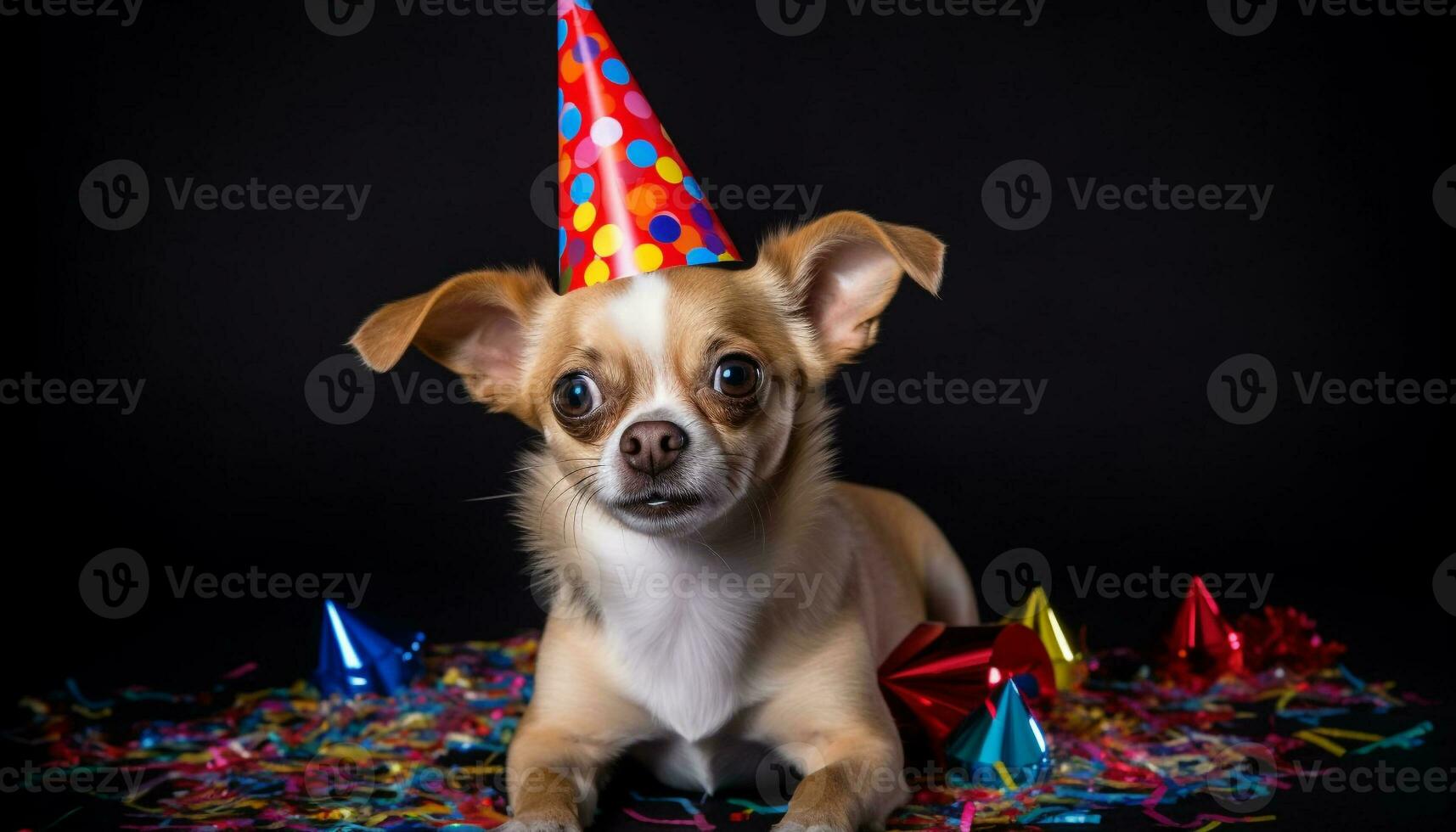 Cute puppy celebrates birthday with party hat and colorful decorations generated by AI photo