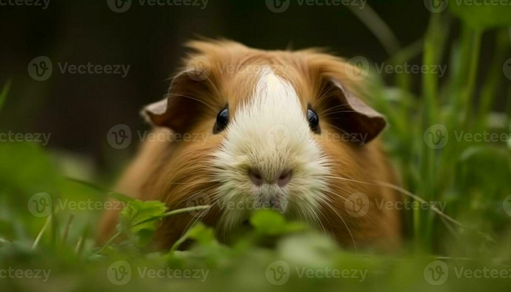 Cute guinea pig eating grass, looking at camera in meadow generated by AI photo