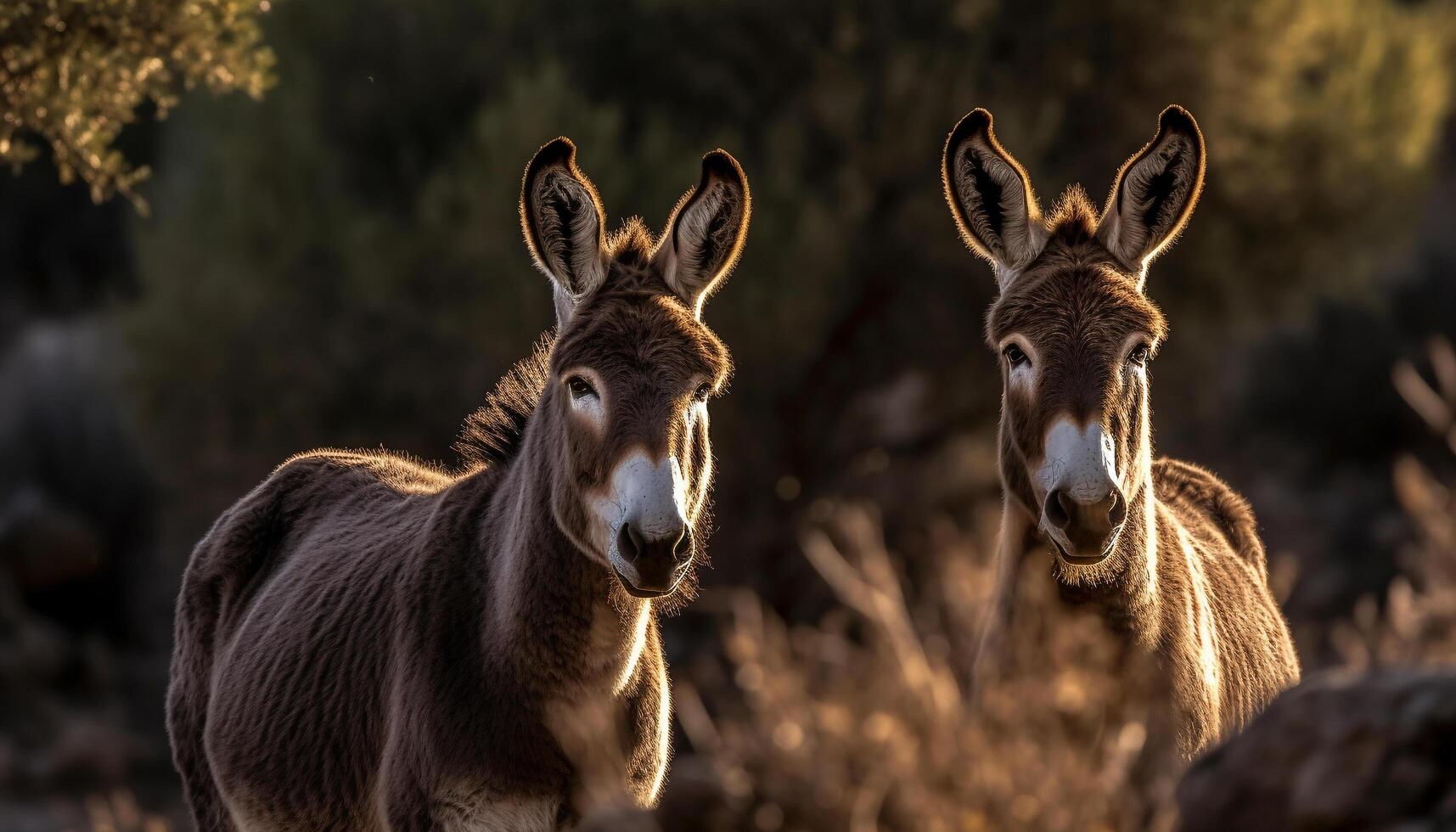 Cute donkey grazing in a meadow, enjoying the summer sunset generated by AI photo