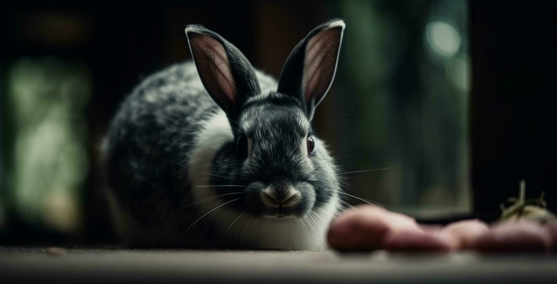 Cute baby rabbit with fluffy fur sitting in nature embrace generated by AI photo