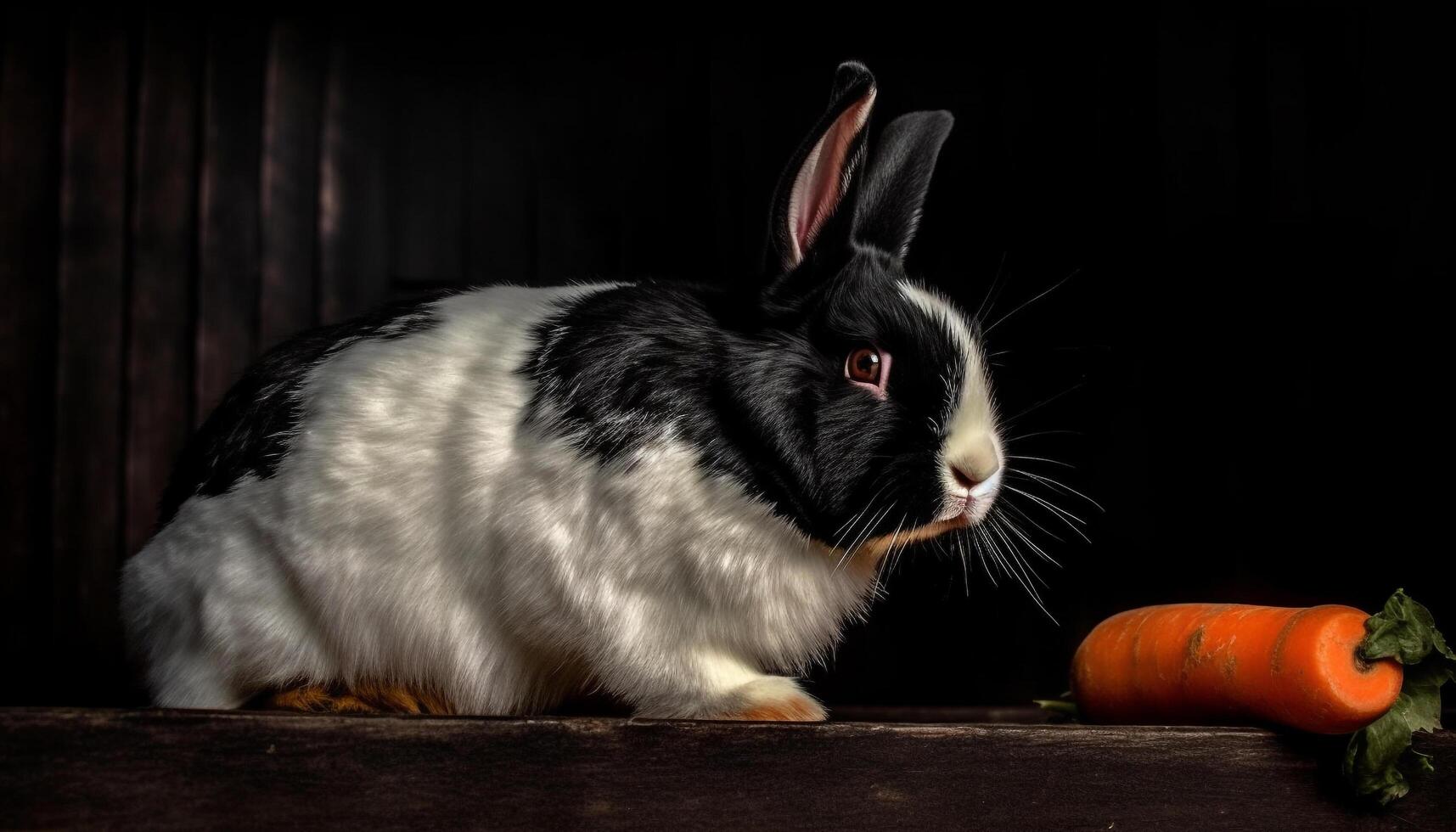 Cute rabbit sitting on grass, eating carrot, looking at camera generated by AI photo