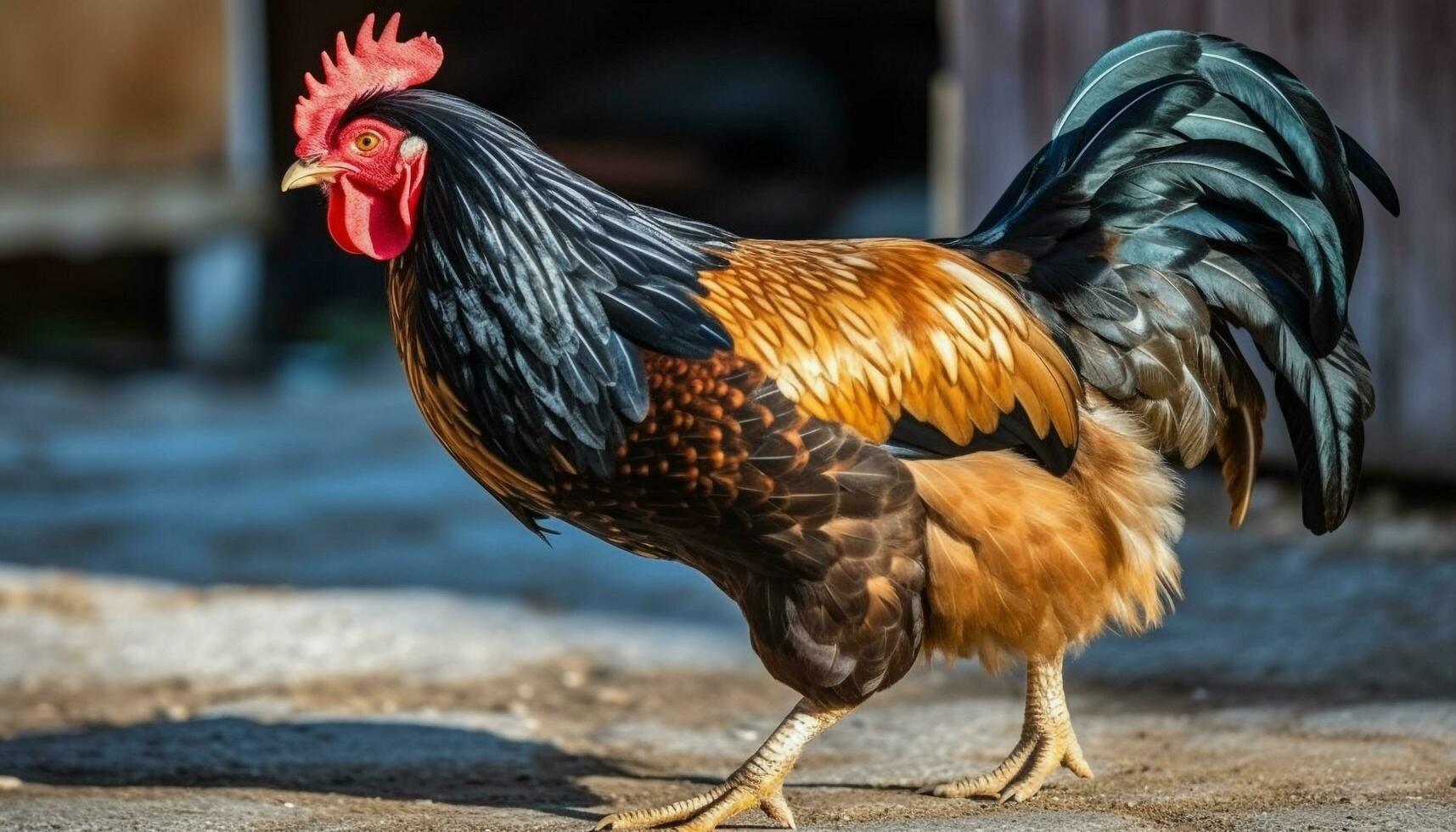 Majestic rooster standing in a farm, showcasing its vibrant feathers generated by AI photo