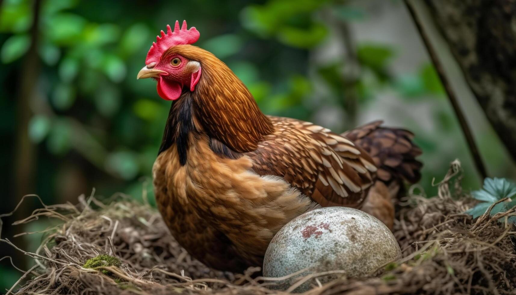 A cute bantam rooster stands in a green meadow, crowing generated by AI photo