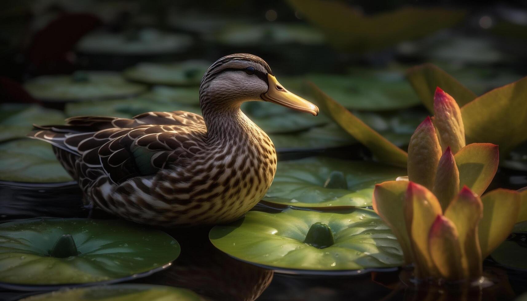 A beautiful mallard duck swims in a tranquil pond generated by AI photo