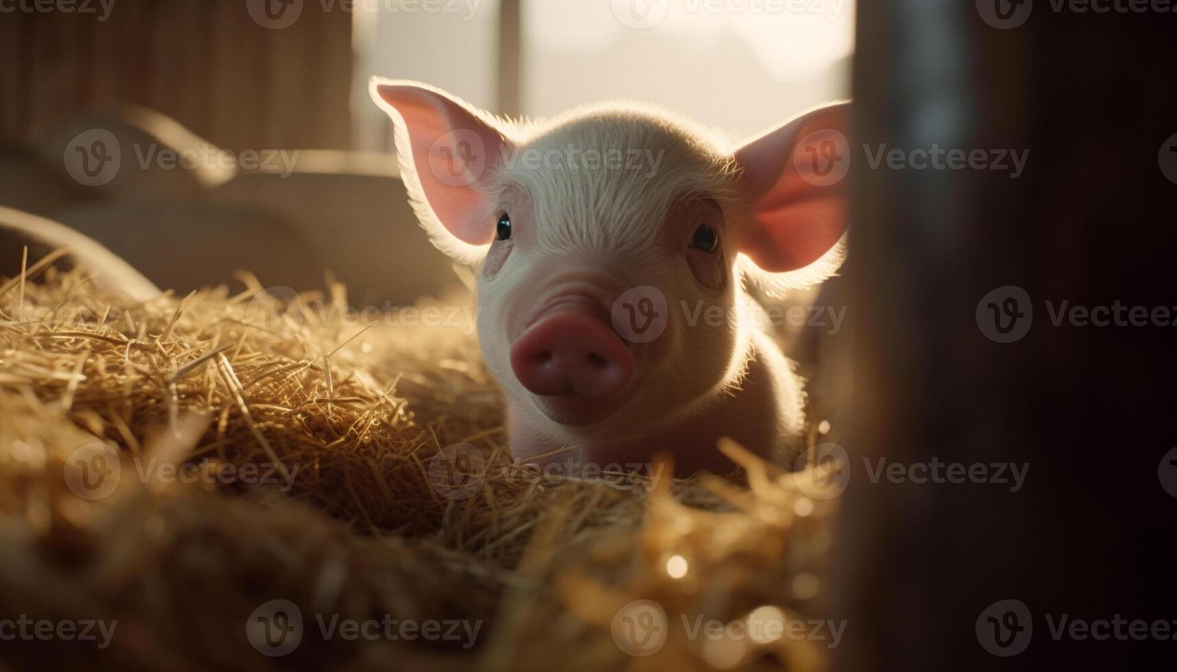 Cute piglet grazing on green grass in a rural farm generated by AI photo