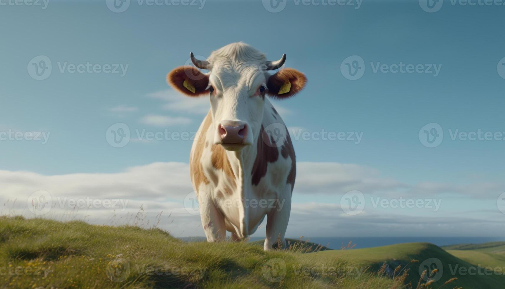 Cute cow grazing on green meadow, looking at camera generated by AI photo