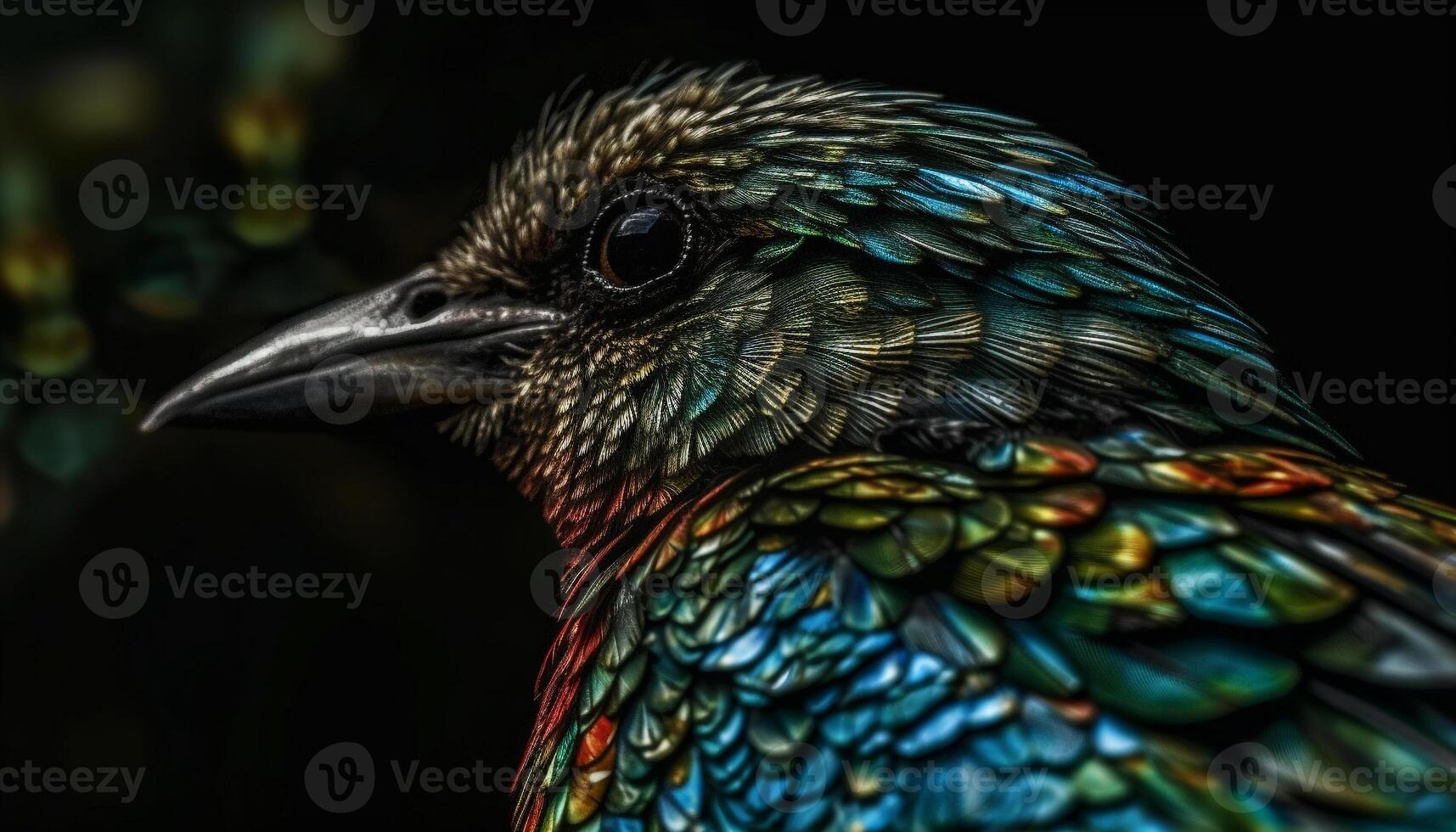 Majestic bird perched on branch, feathers iridescent in vibrant colors generated by AI photo