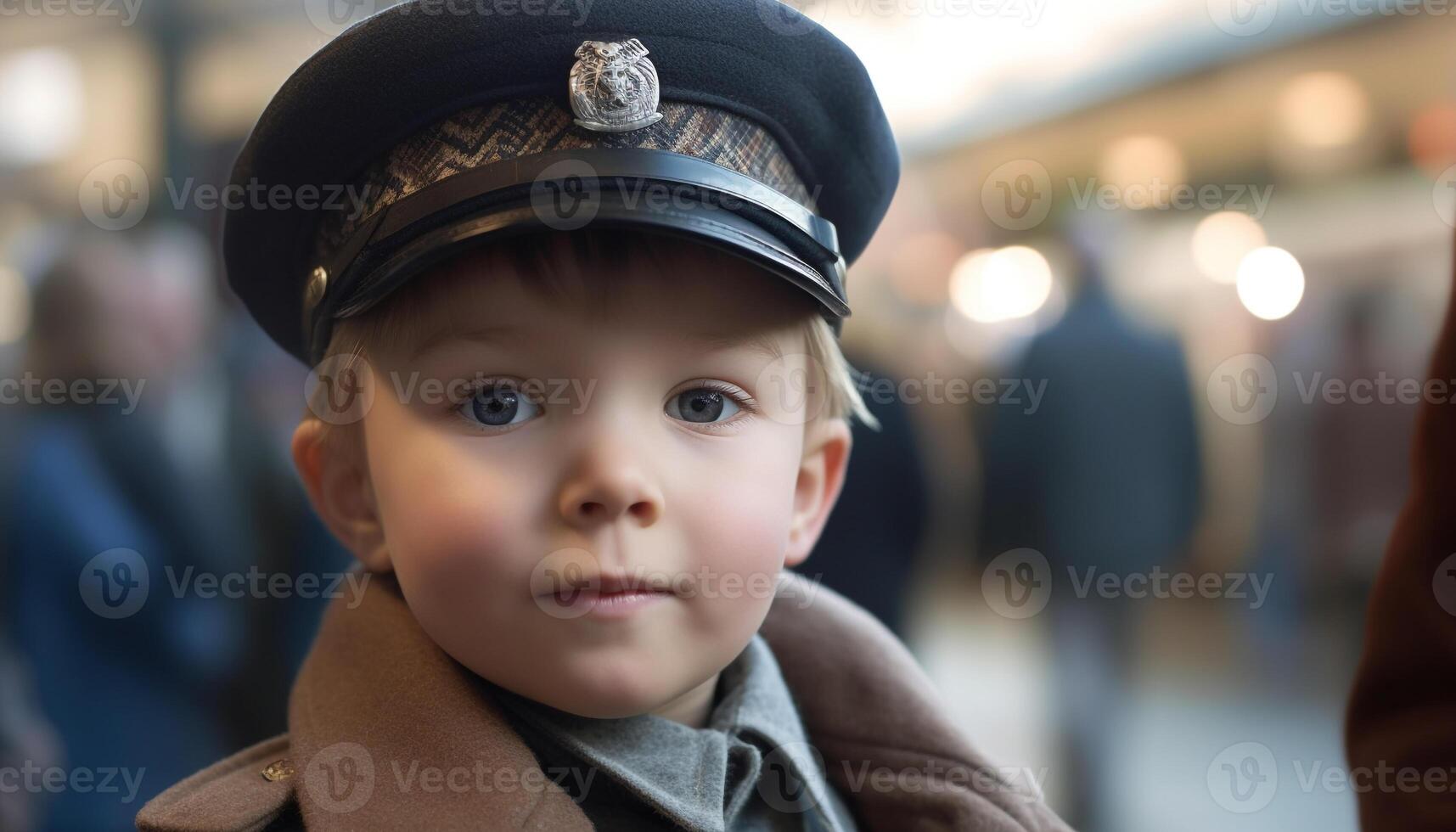 A cute boy with a blue cap looking at the camera generated by AI photo