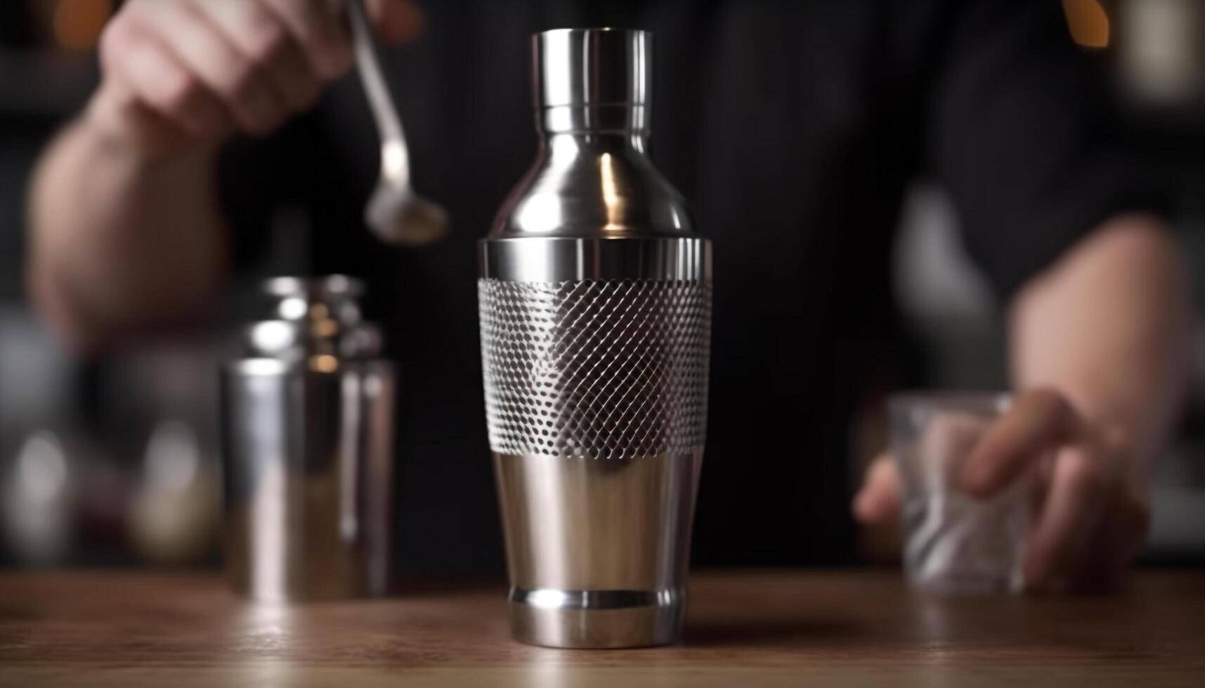 Bartender pouring fresh cocktail, hand holding metallic shaker, close up drink   generated by AI photo