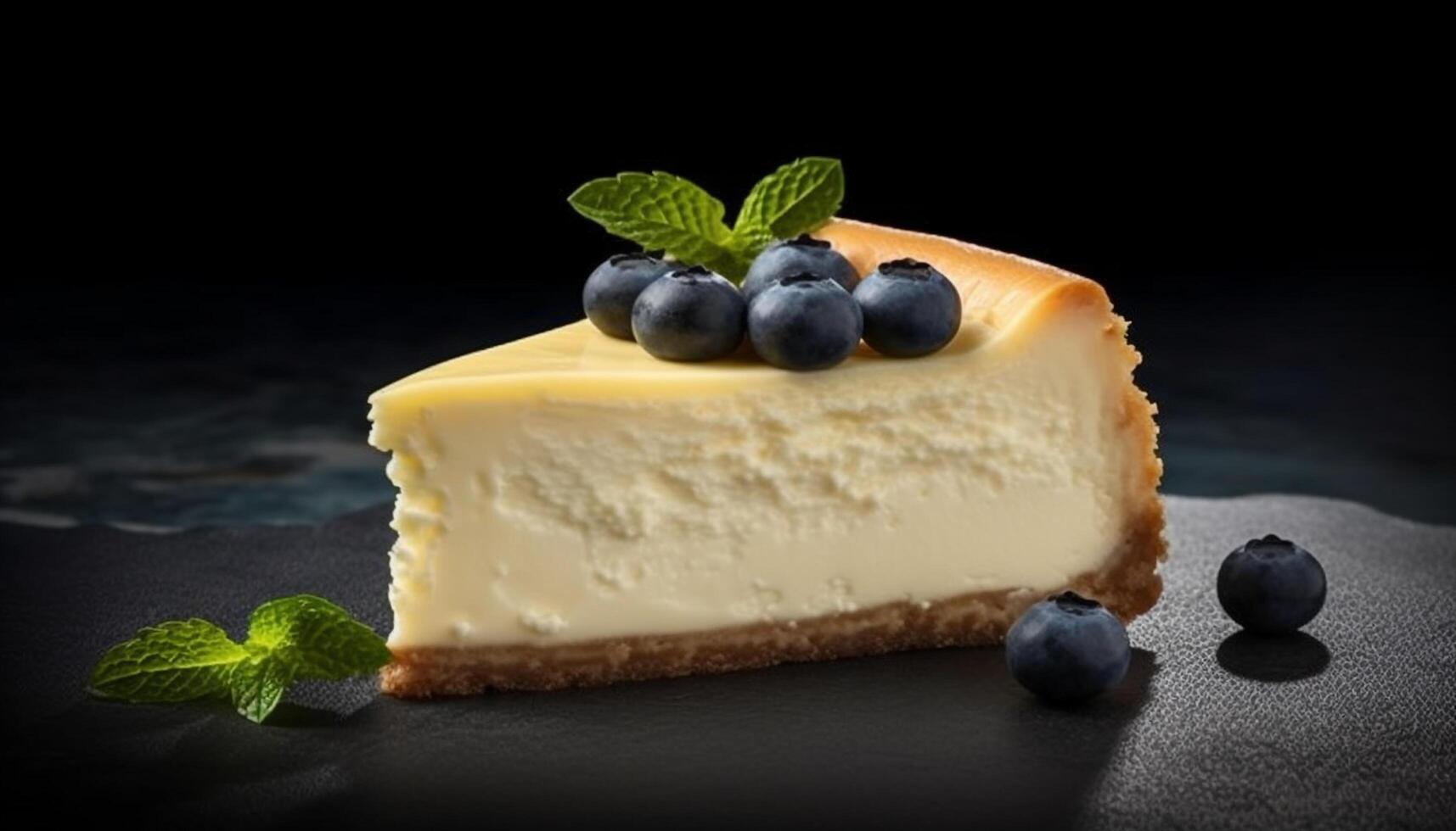 delicioso tarta de queso con arándanos, menta hoja, y cremoso lechería bondad generado por ai foto