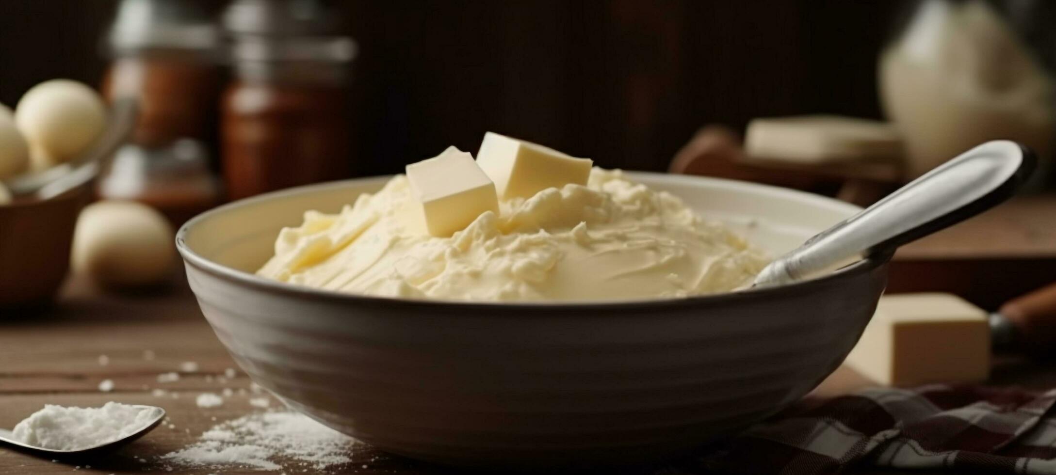 Fresh homemade bread and butter on rustic wooden table   generated by AI photo