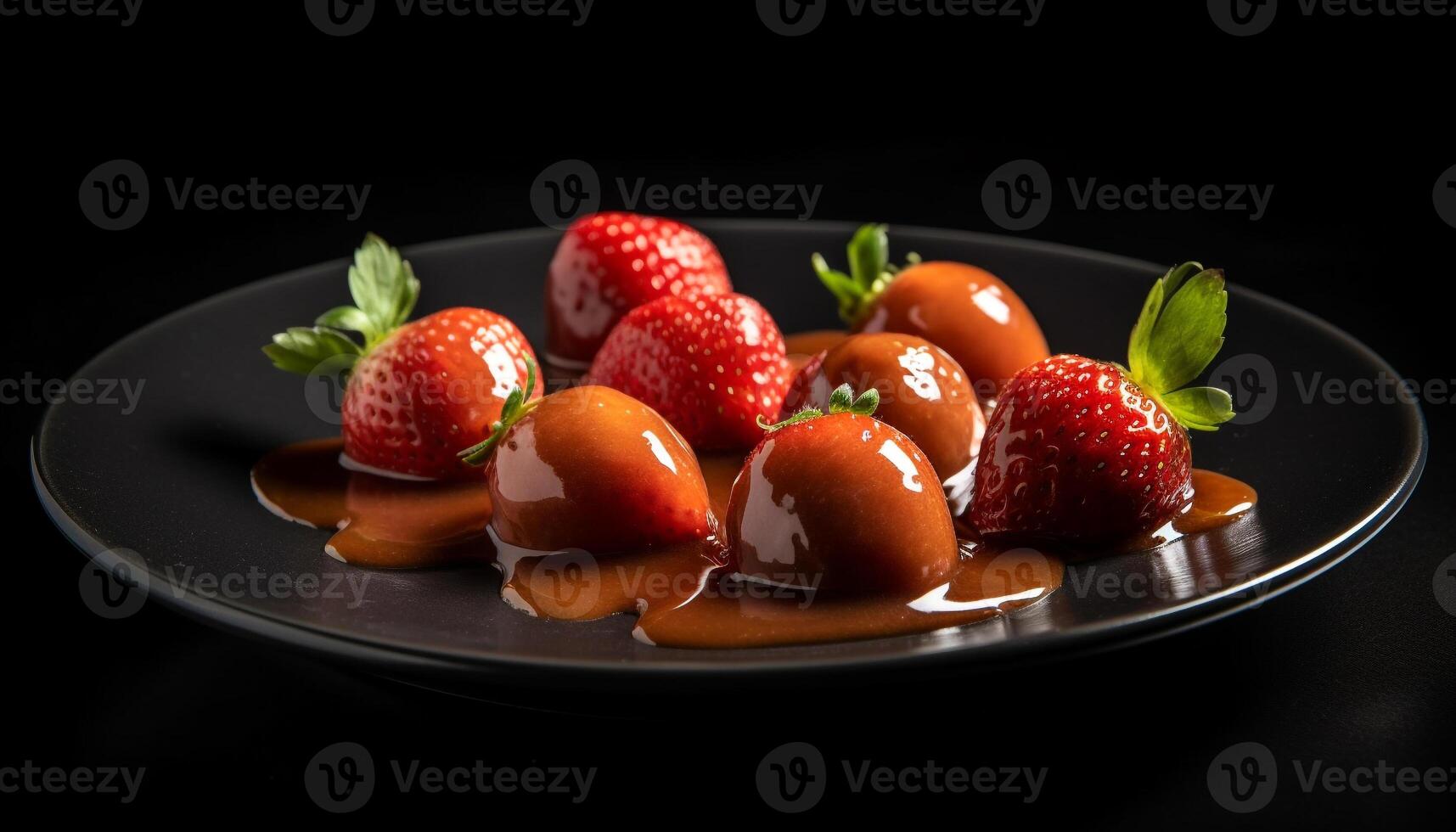 Fresh strawberry dessert on a plate with chocolate and mint leaf generated by AI photo