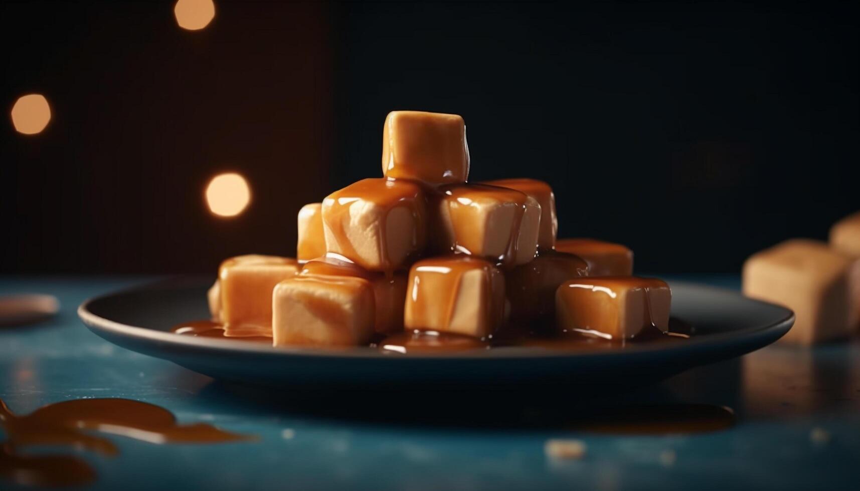 Freshness of homemade dessert, sweet caramelized toffee on rustic wooden table generated by AI photo