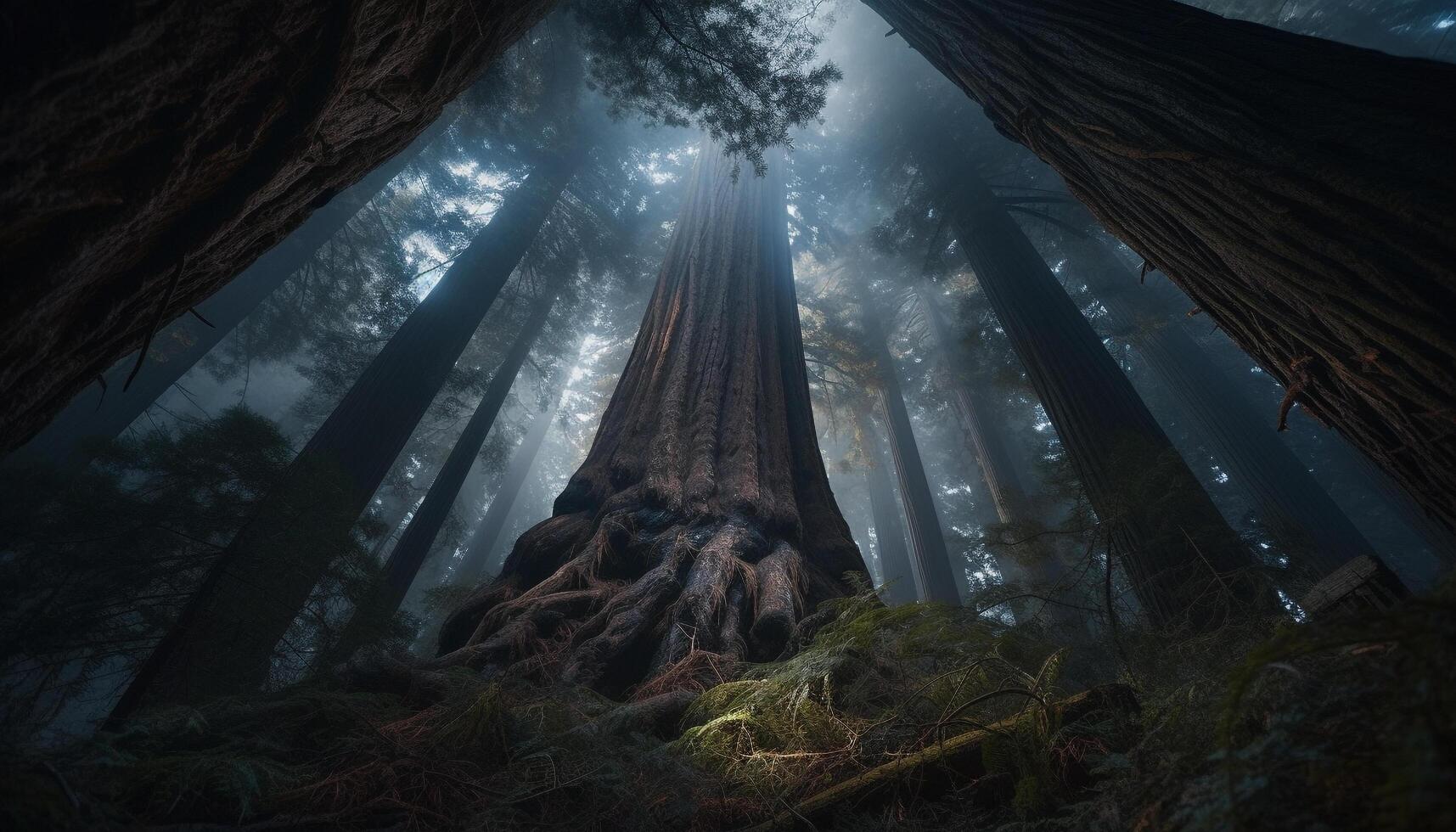 Mysterious fog blankets dark forest, revealing spooky beauty in nature generated by AI photo