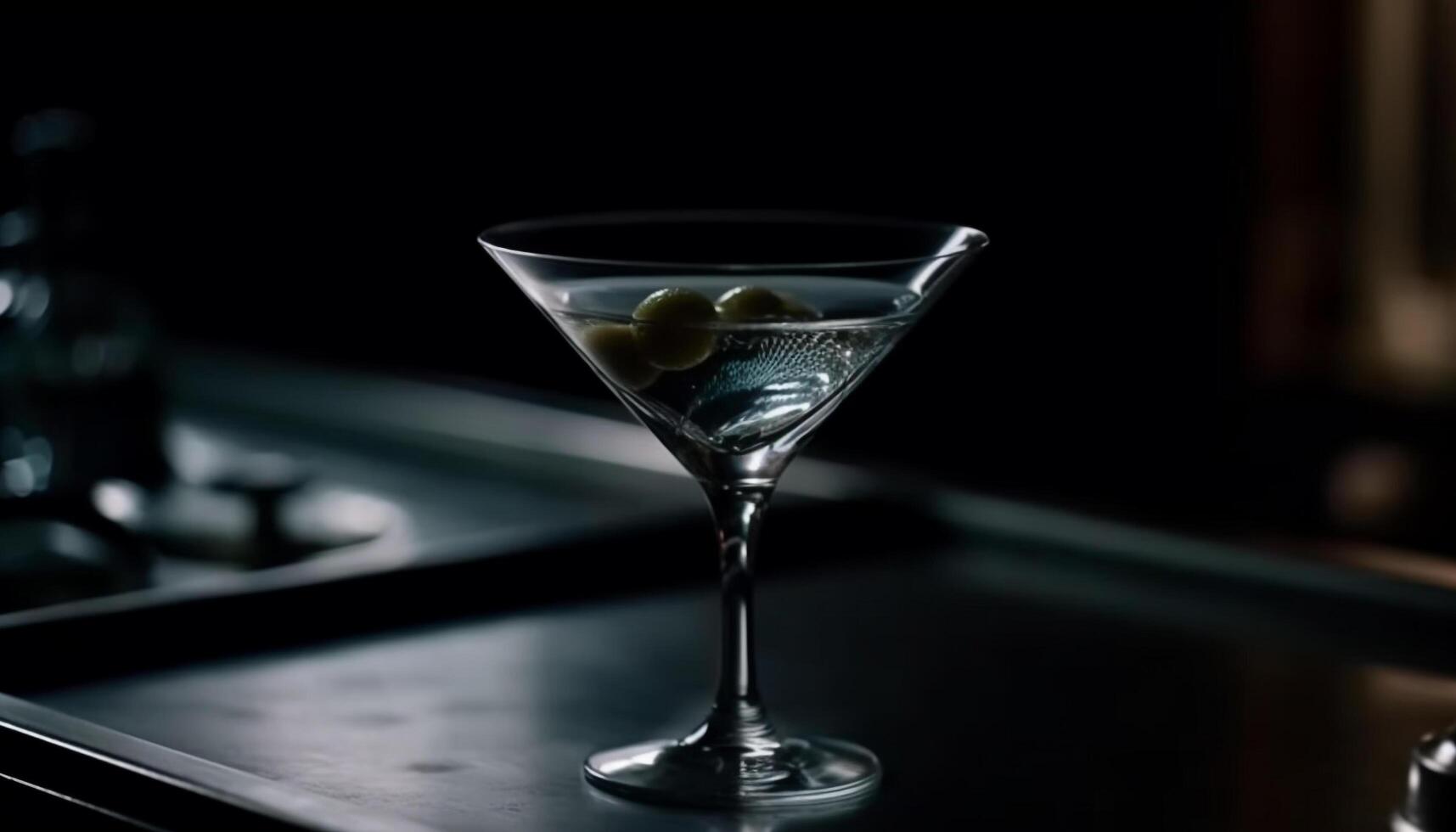 Refreshing martini glass with olive, ice, and elegant black background generated by AI photo