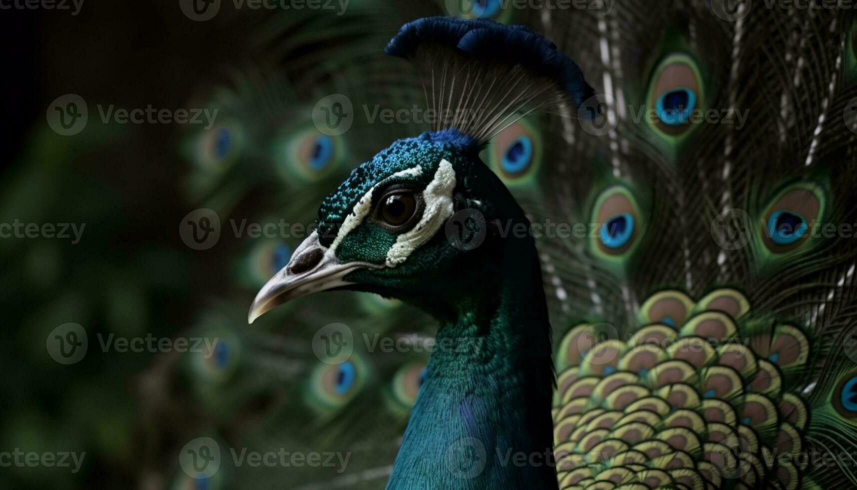 A vibrant peacock displays its majestic beauty in nature elegance generated by AI photo