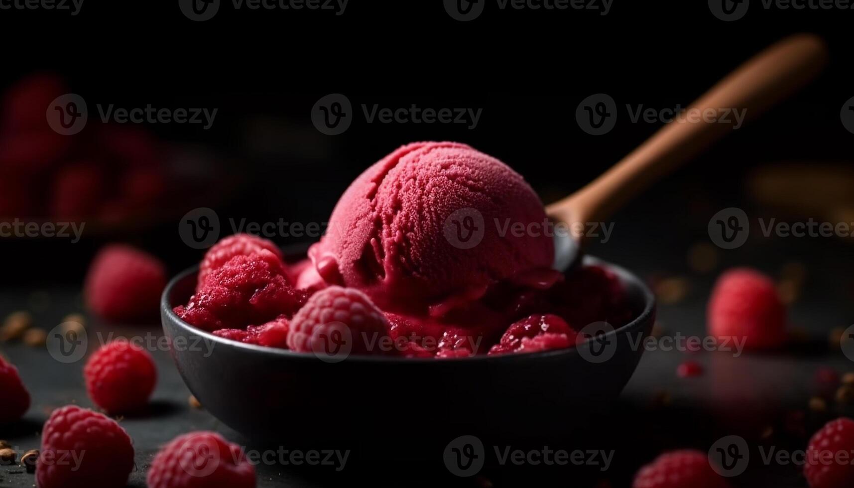 Freshness and sweetness in a bowl of raspberry ice cream dessert generated by AI photo