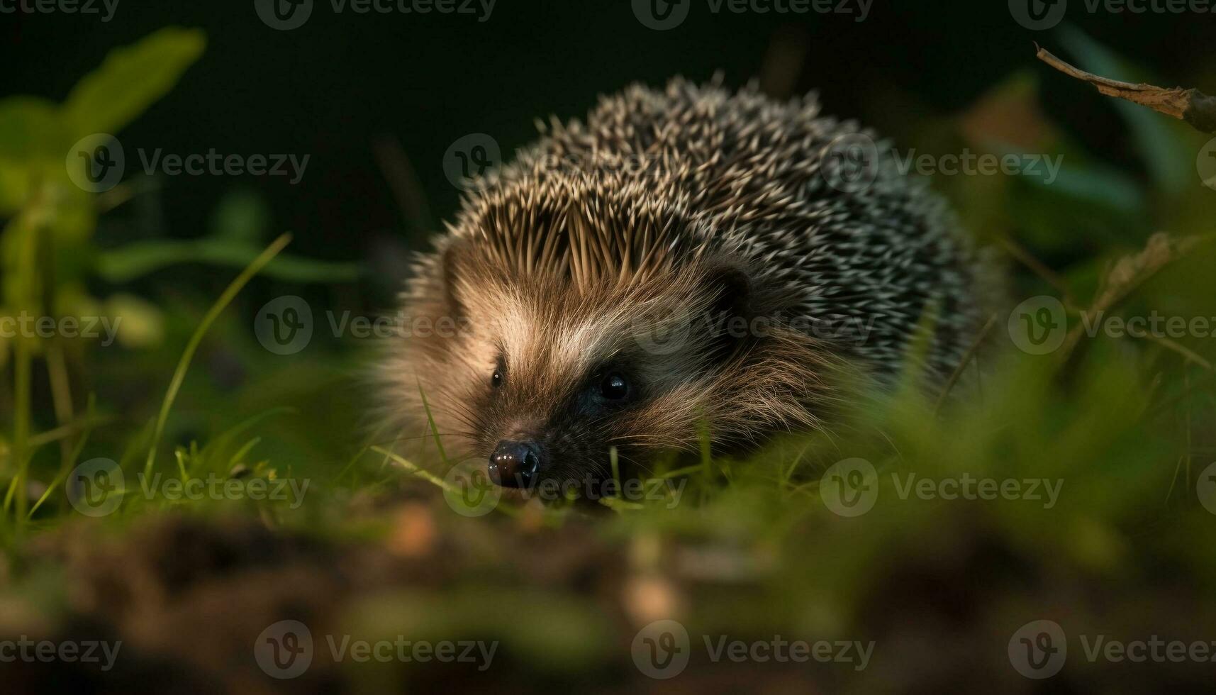 Cute hedgehog in the wild, small mammal with bristle snout generated by AI photo
