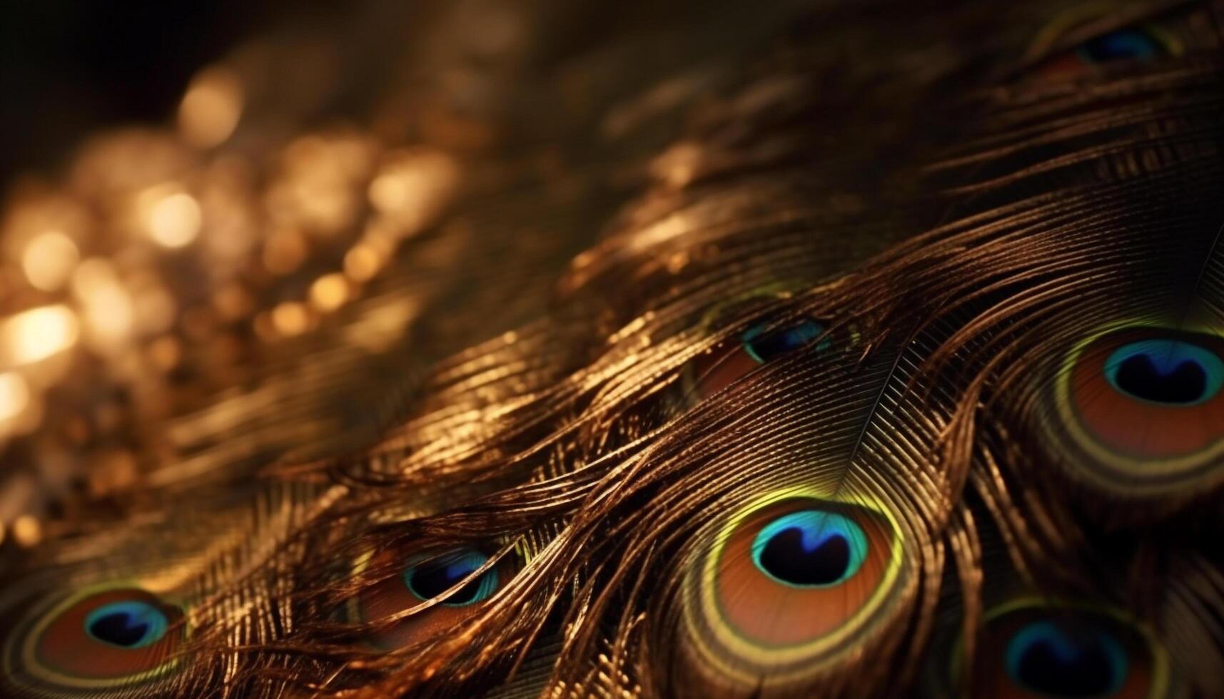 Vibrant peacock feather showcases nature elegance in multi colored pattern generated by AI photo