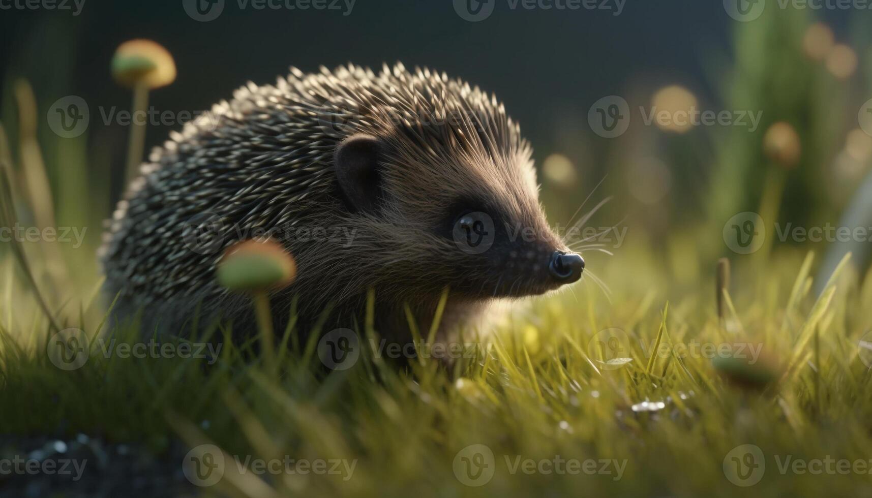 Cute hedgehog in grass, looking at camera, surrounded by nature generated by AI photo