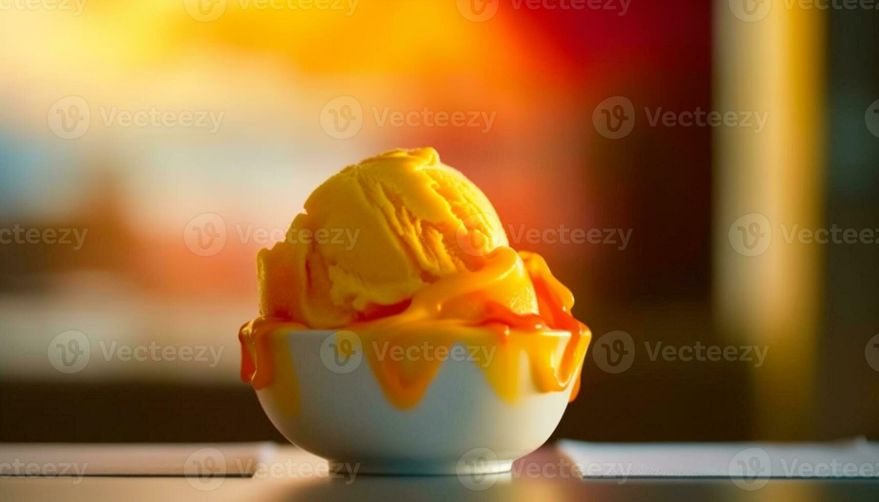 A refreshing summer dessert yellow ice cream on a wooden table generated by AI photo