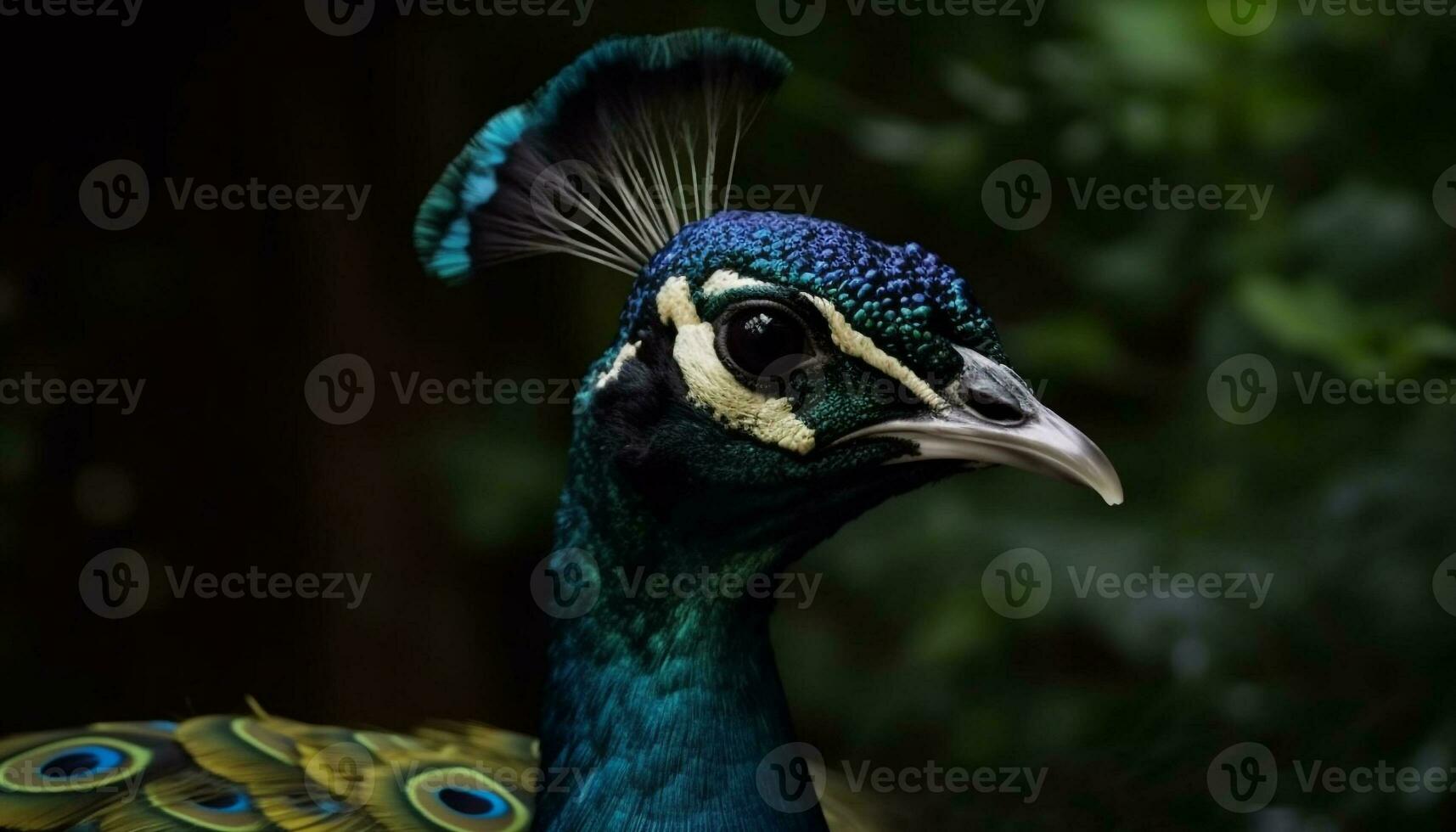 Majestic peacock displays vibrant colors in nature elegant beauty generated by AI photo