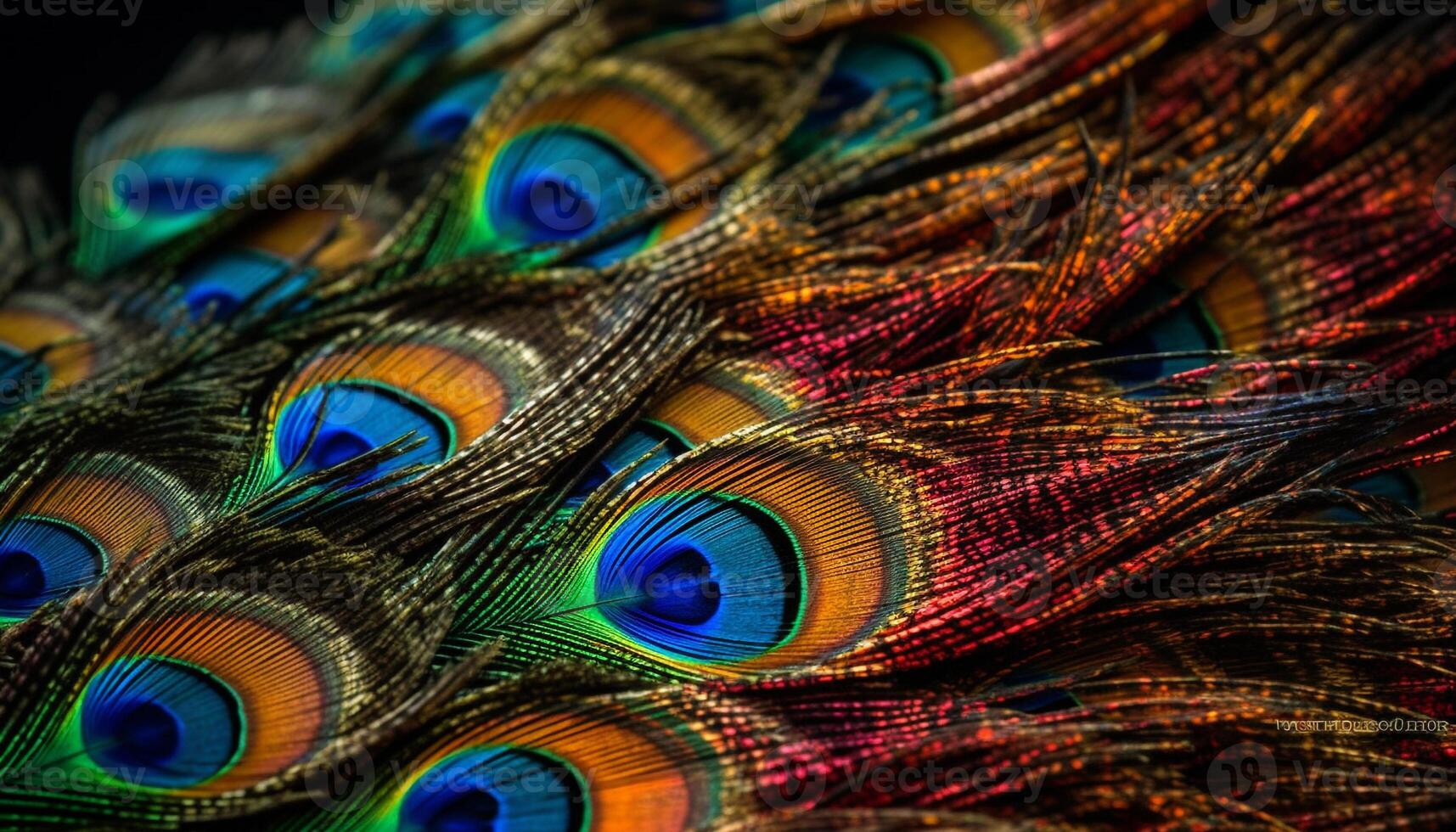 Vibrant colored peacock feather showcases nature beauty in abstract patterns generated by AI photo