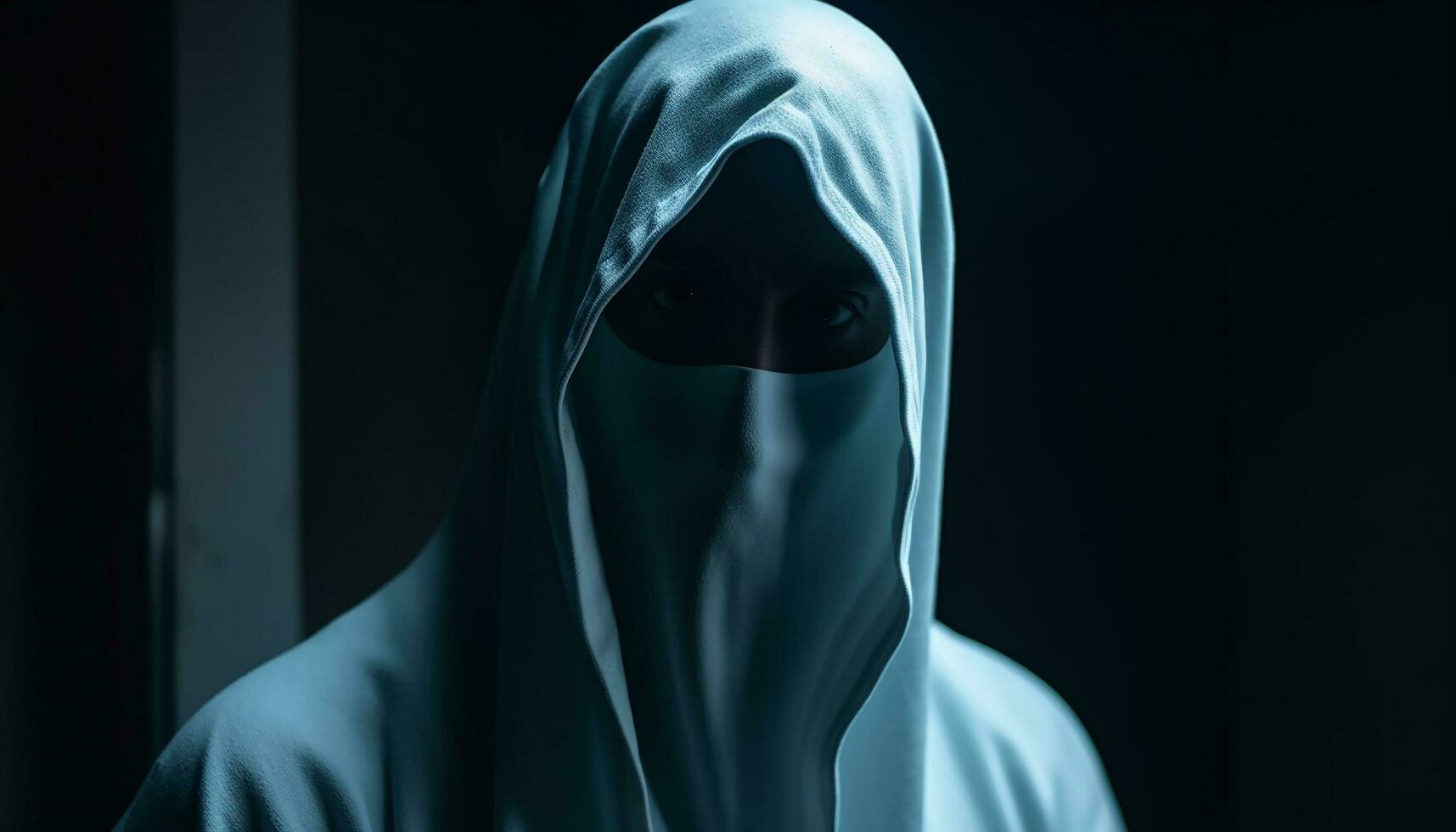 Hooded thief in the dark, masked face, spooky black background generated by AI photo