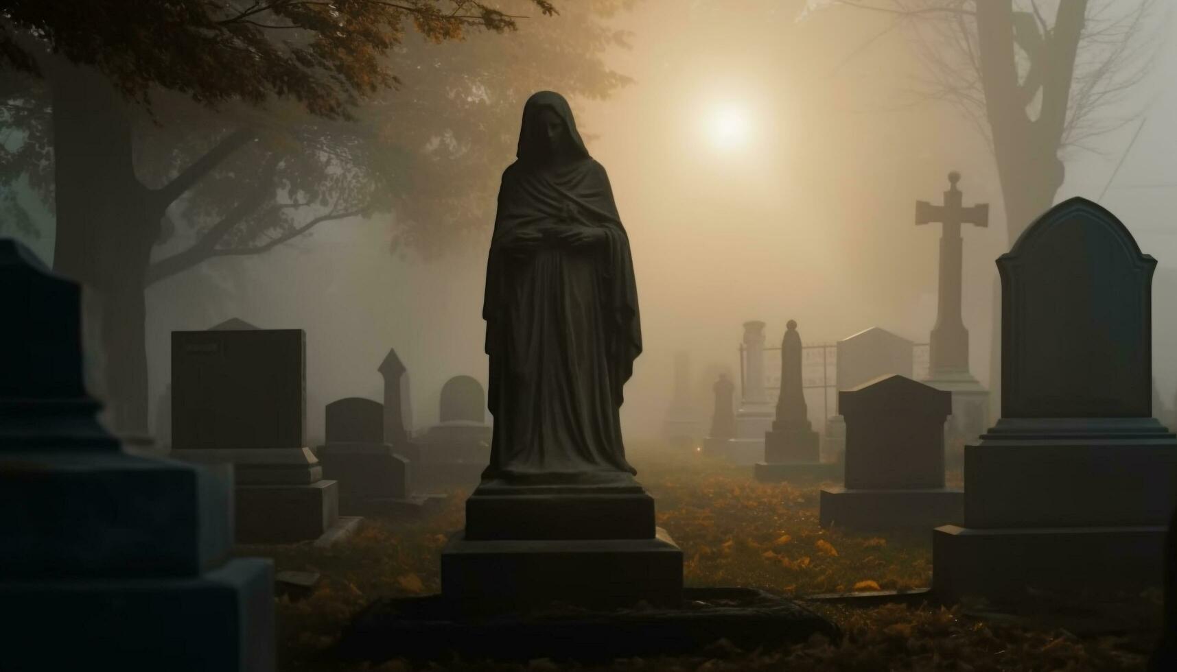 Tombstone stands in fog, symbolizing death and spirituality in Christianity generated by AI photo