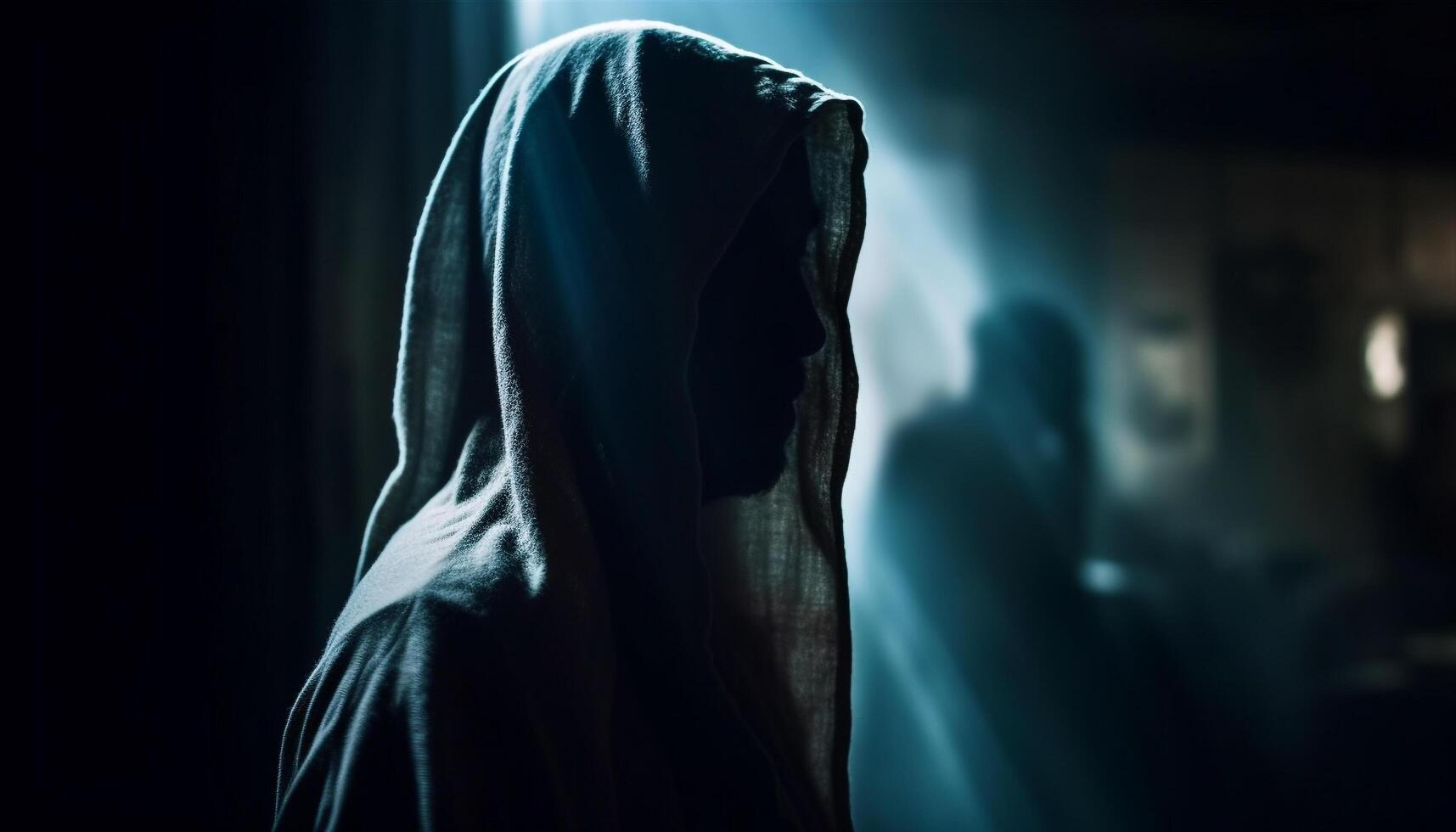 A spooky silhouette walks in the dark, wearing a religious veil generated by AI photo