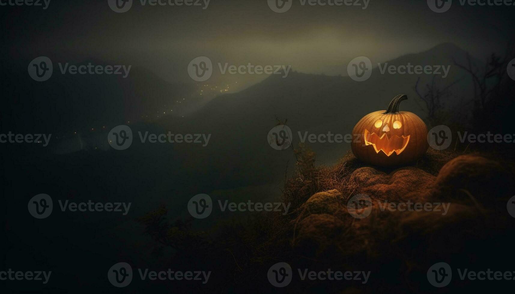 Spooky pumpkin glows in the dark night of Halloween generated by AI photo