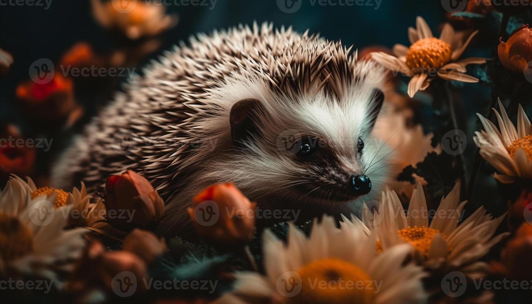 Cute small hedgehog, fluffy fur, looking at camera in nature generated by AI photo