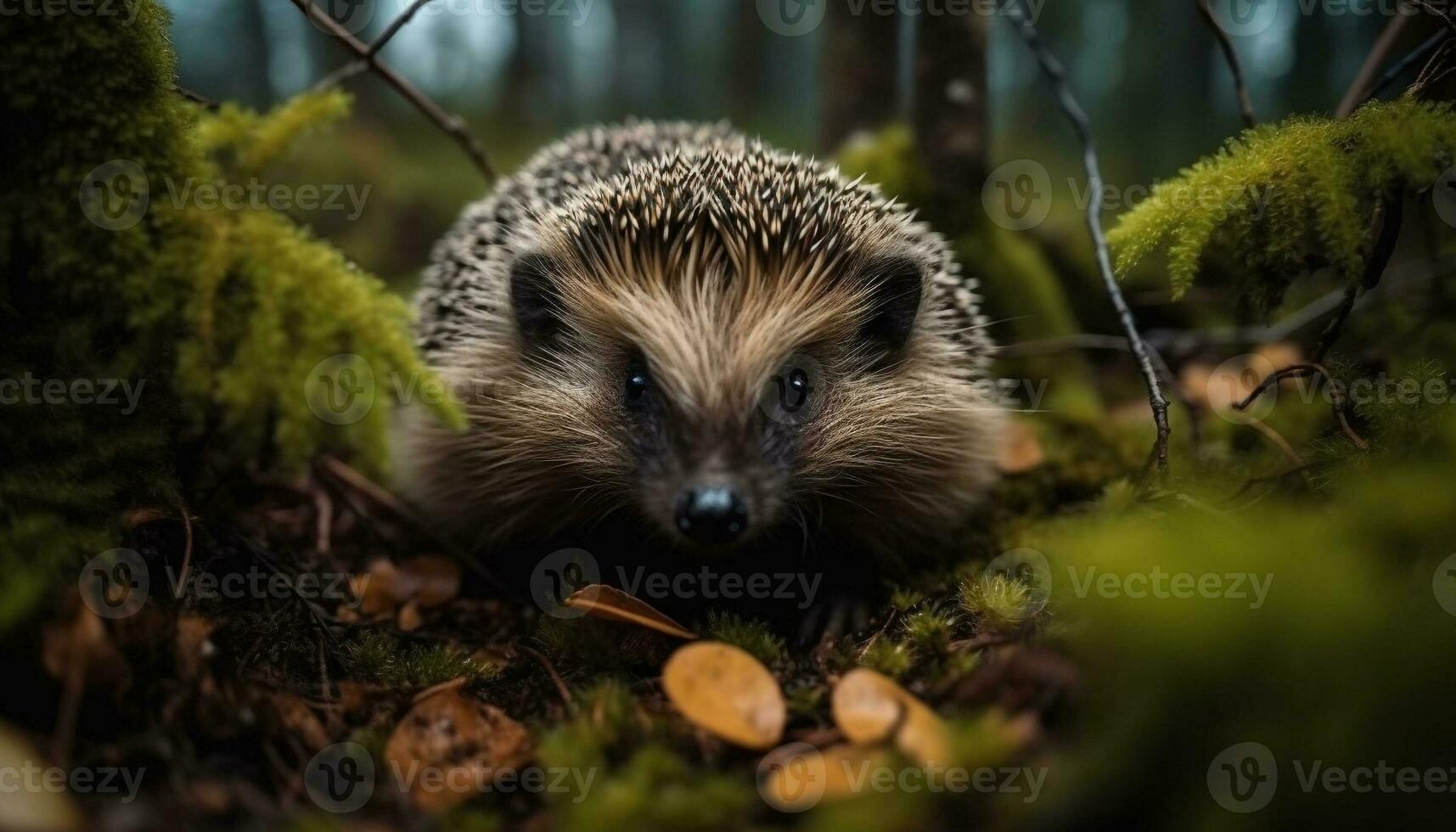 Cute hedgehog in the wild, looking at camera in forest generated by AI photo