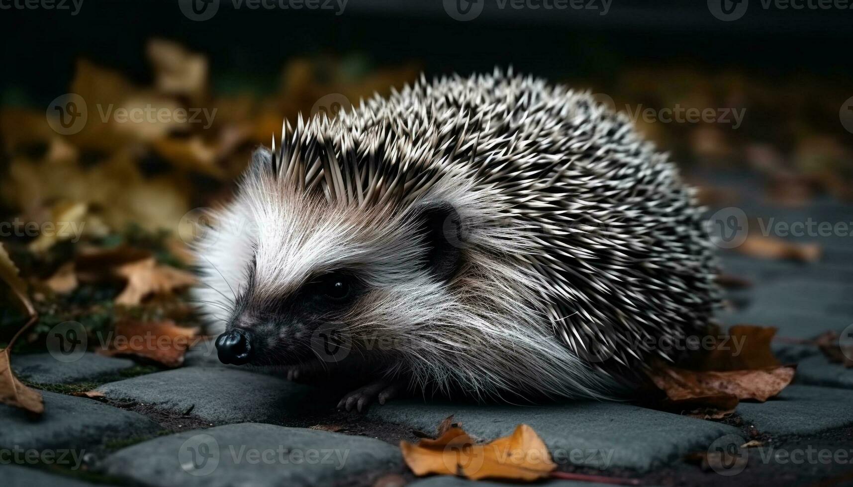 Cute hedgehog in nature, small mammal with bristle and fur generated by AI photo