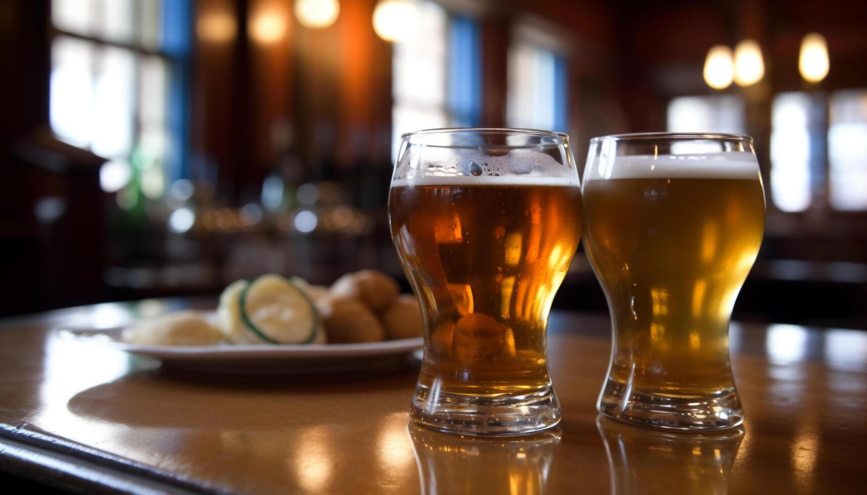 Alcohol, drink, beer, pub, bar, table, glass, refreshment, celebration, party generated by AI photo