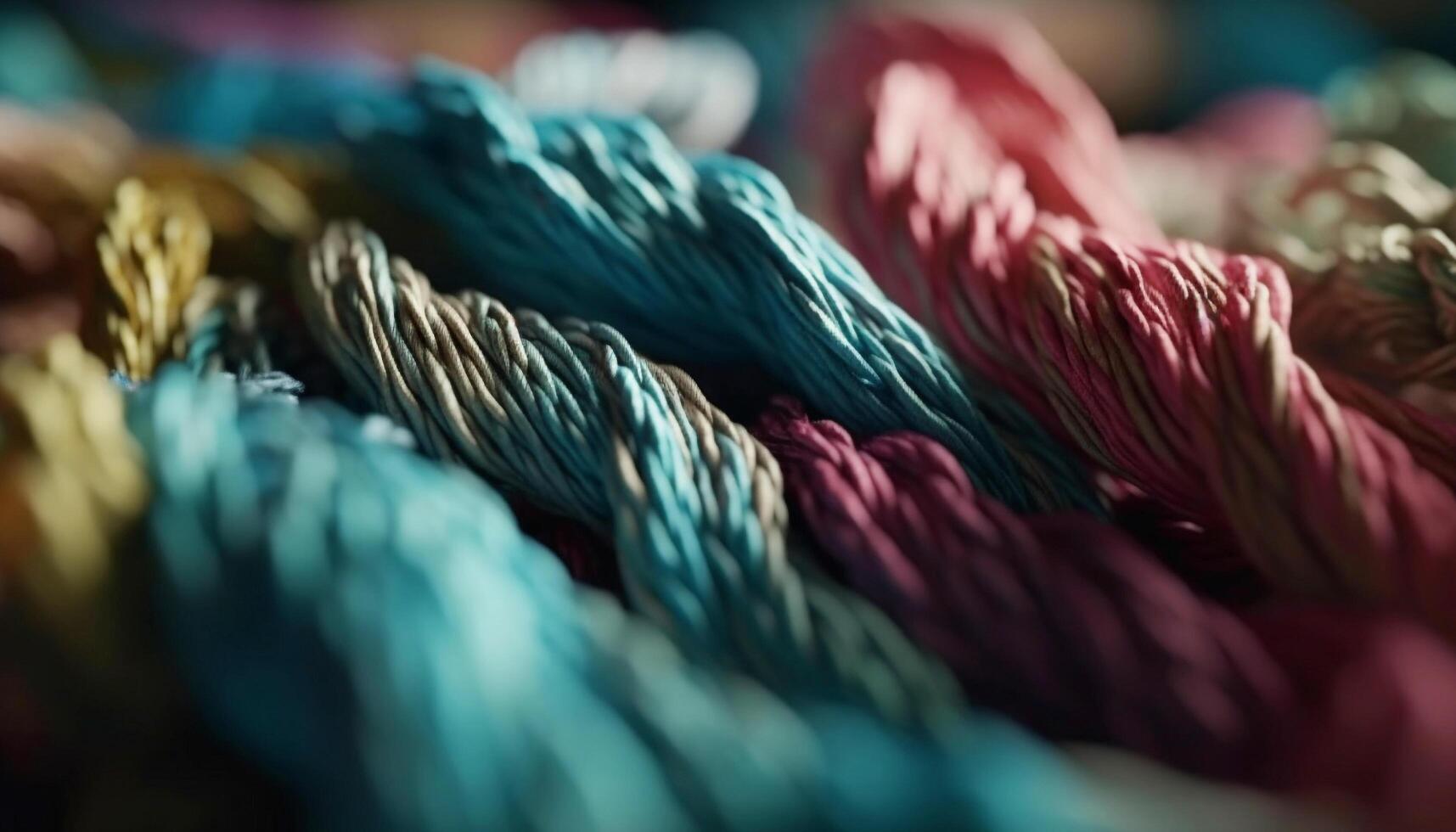 Sewing craft wool thread, close up textile, multi colored spool material pattern fashion generated by AI photo
