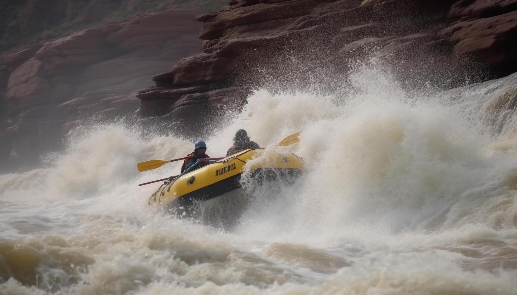 Men riding wave, spraying water, experiencing exhilaration in extreme sports generated by AI photo