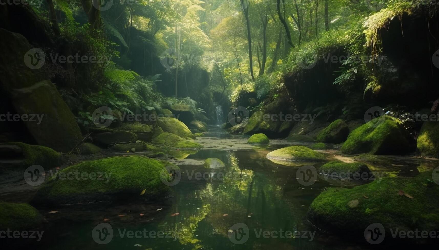 Tranquil scene of flowing water in a lush green forest generated by AI