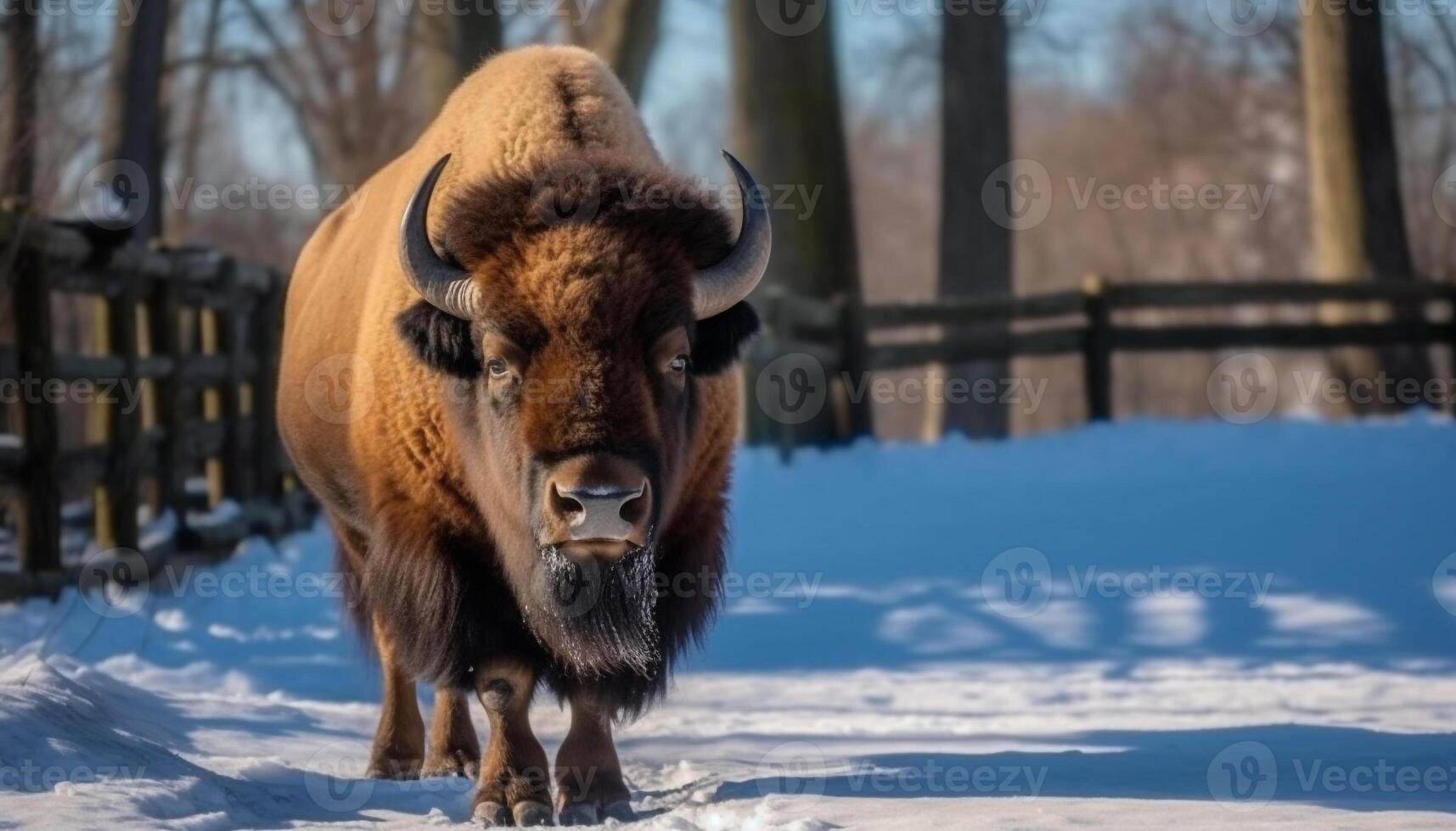 Cow grazing in snowy meadow, surrounded by winter forest and mountains generated by AI photo