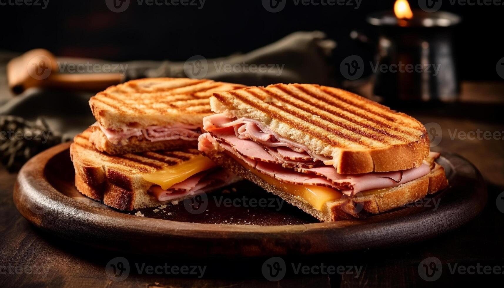 Freshness and indulgence on a rustic grilled gourmet sandwich meal generated by AI photo