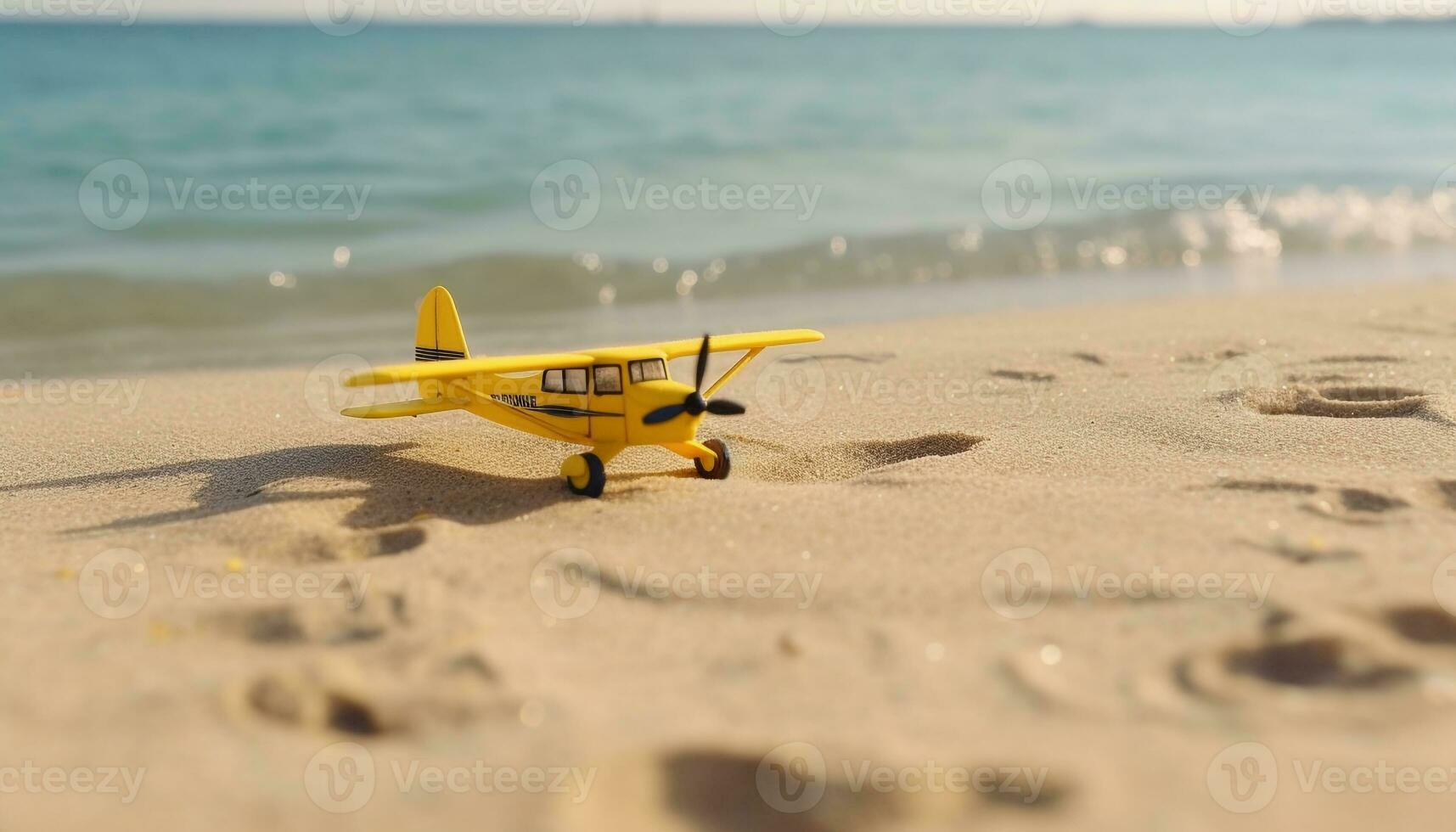 Flying propeller airplane over blue water, enjoying summer vacations and adventure generated by AI photo