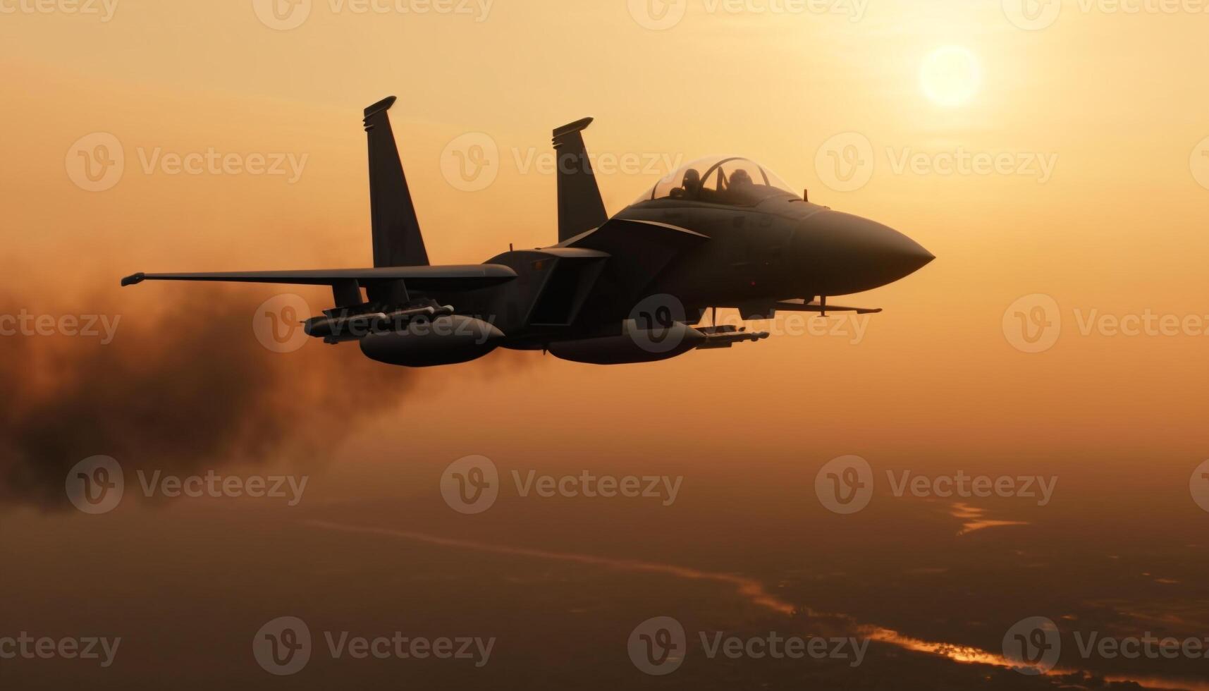 Military airplane taking off at dusk, silhouette against the sunset sky generated by AI photo