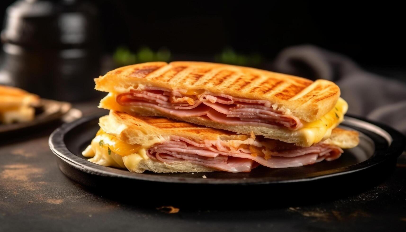 Freshness and gourmet in a close up of a grilled sandwich generated by AI photo