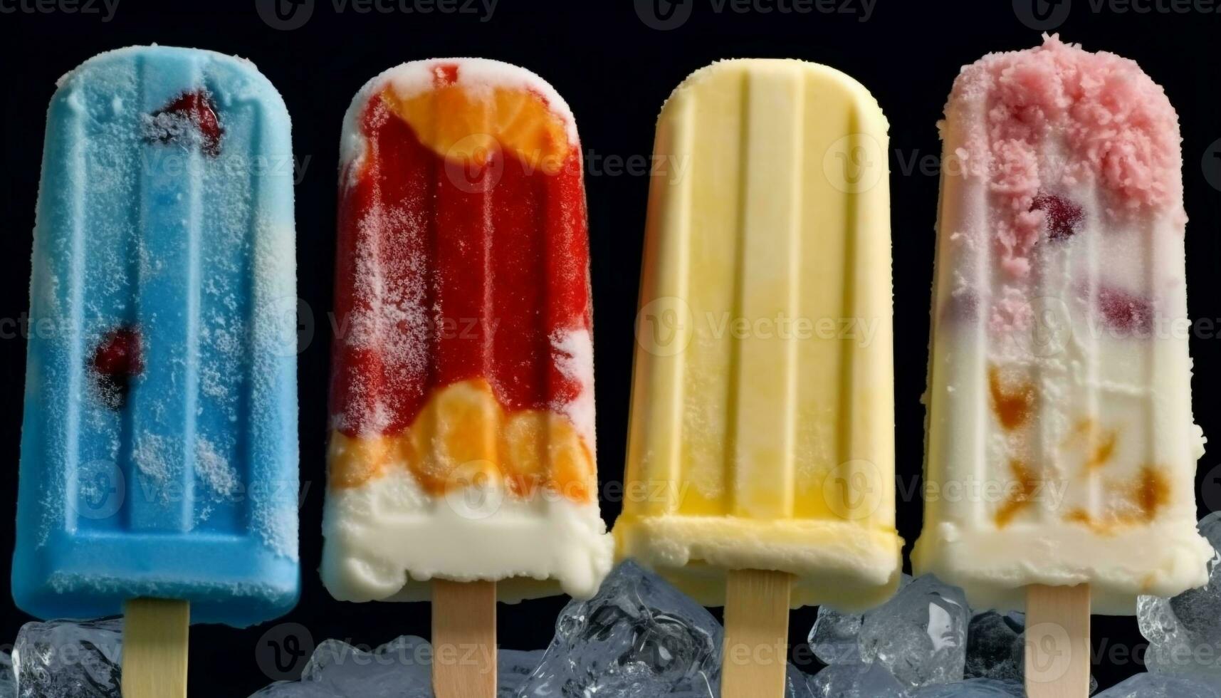 Multi colored ice cream on a stick, a sweet summer treat generated by AI photo