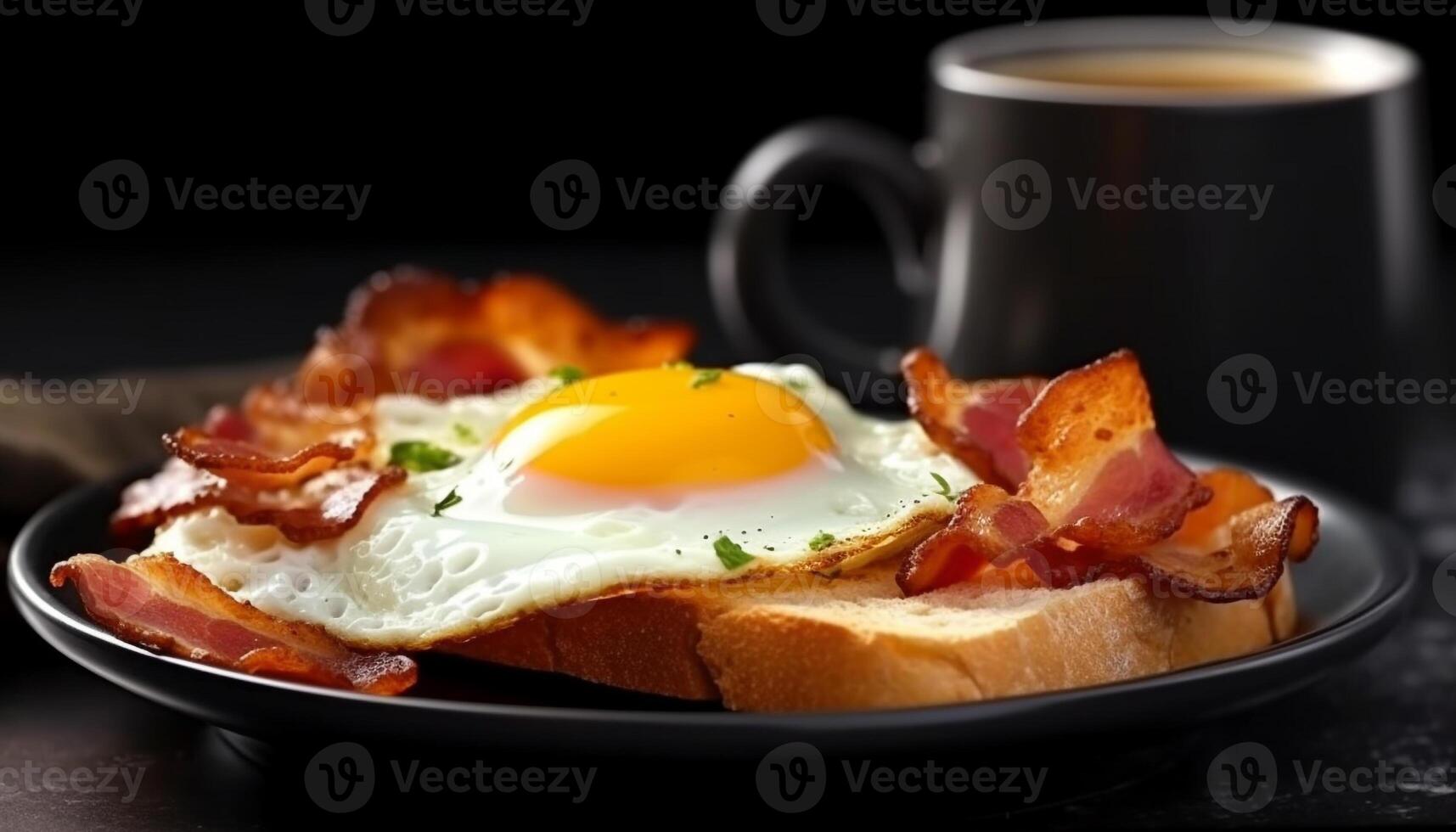 Freshness on plate gourmet meal, bacon, coffee, toasted bread generated by AI photo