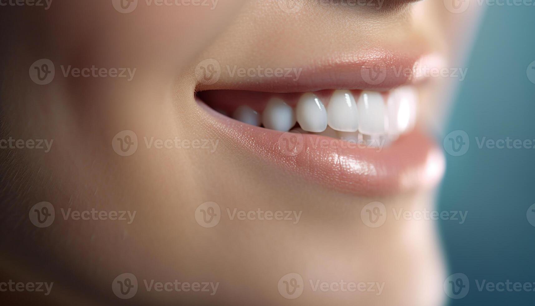 Close up of one smiling woman with fresh, healthy teeth and lips generated by AI photo