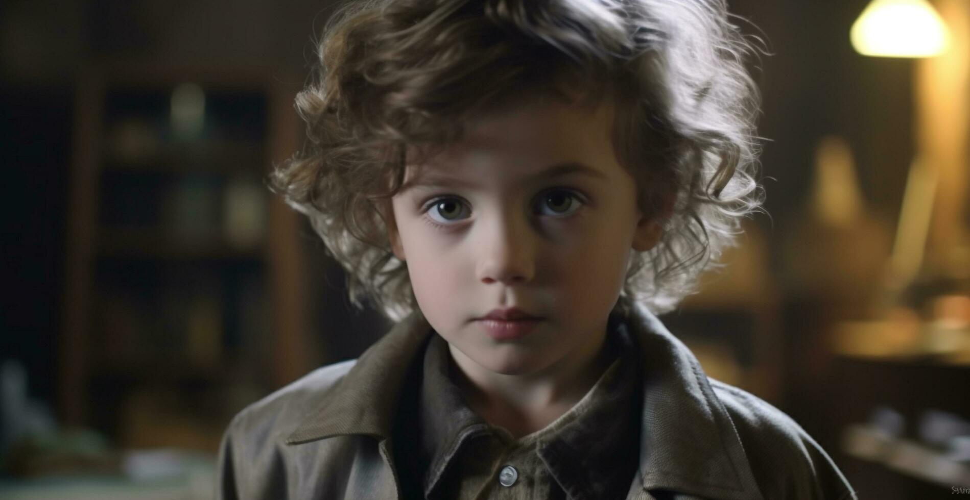 A cute, curly haired boy sitting indoors, looking confidently at the camera generated by AI photo